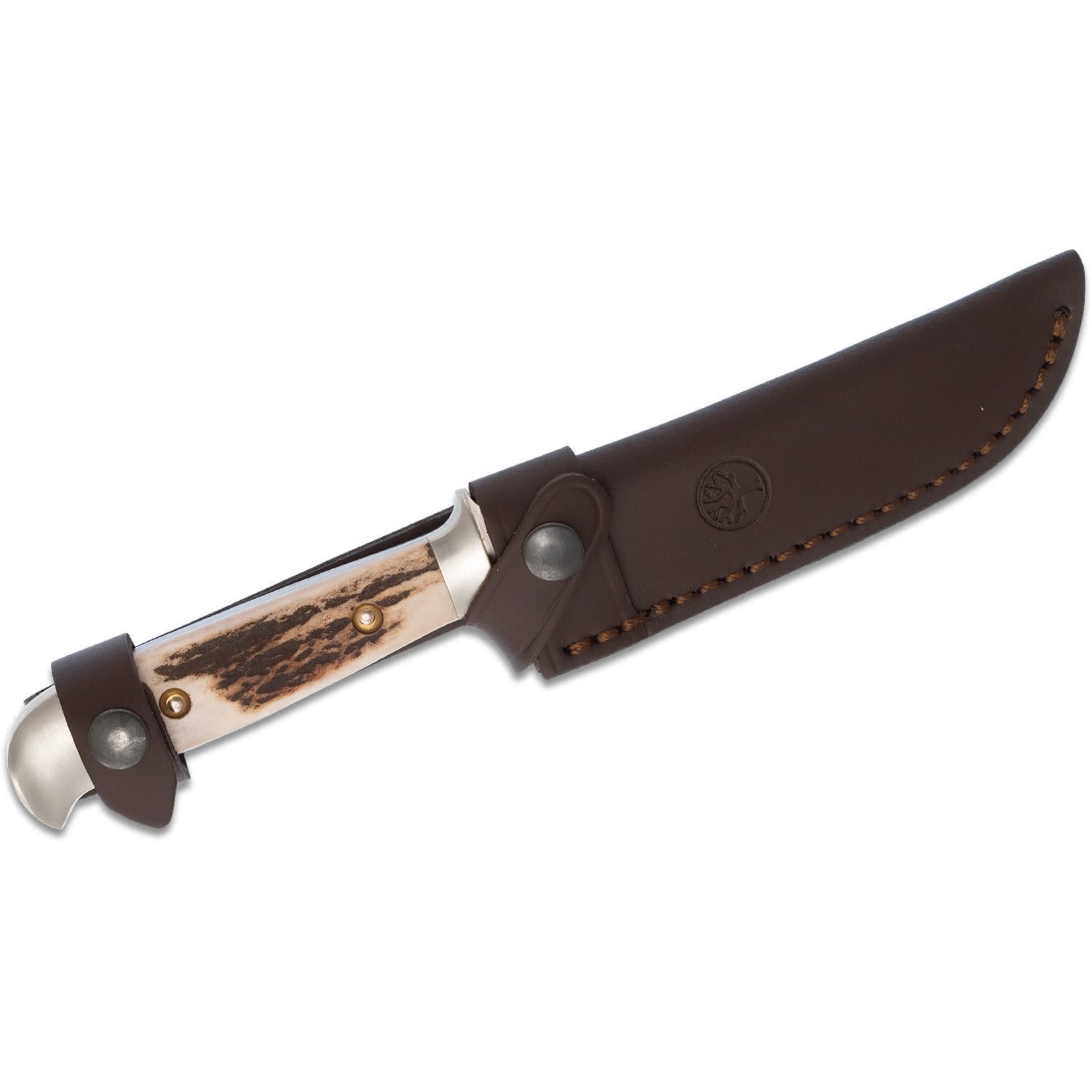 boker Ranger's Nicker Hunter Fixed Blade Knife 4.375" Satin, Stag Handles, Black Leather Sheath