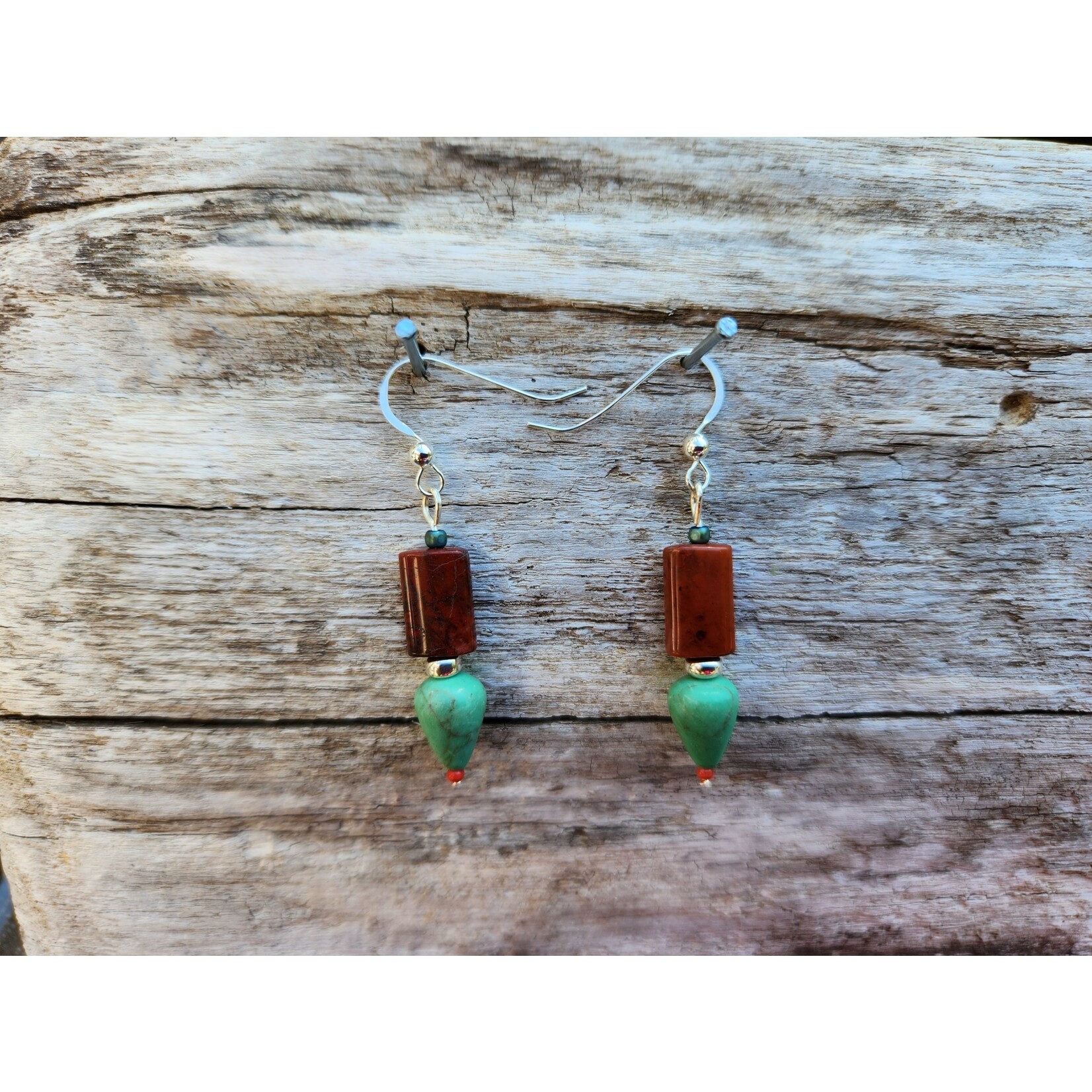 HB Designs Red stone-turquoise teardrop earrings, Sterling Silver ear wires