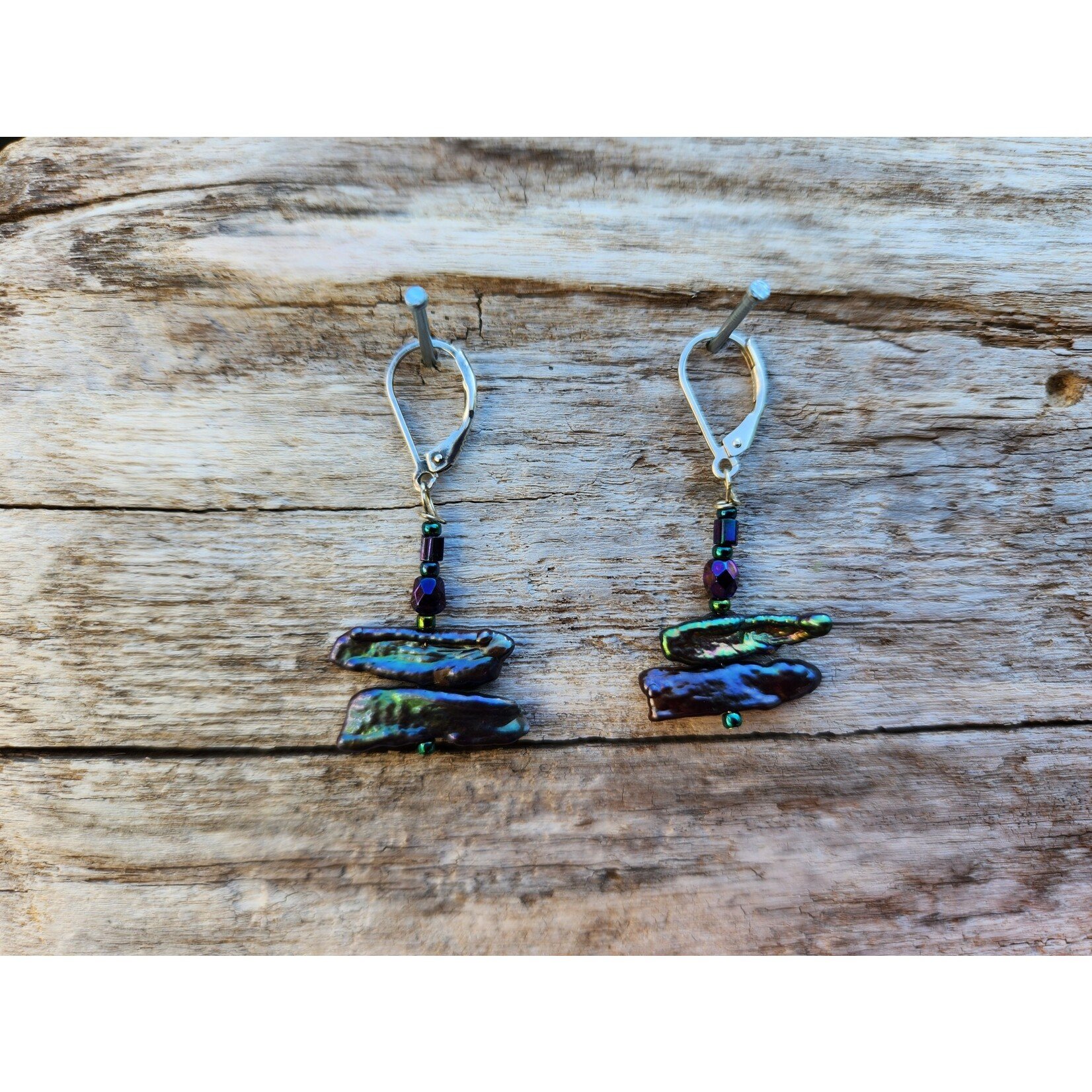 HB Designs Ripples on the water -midnight-Freshwater pearls and glass earrings, Sterling Silver