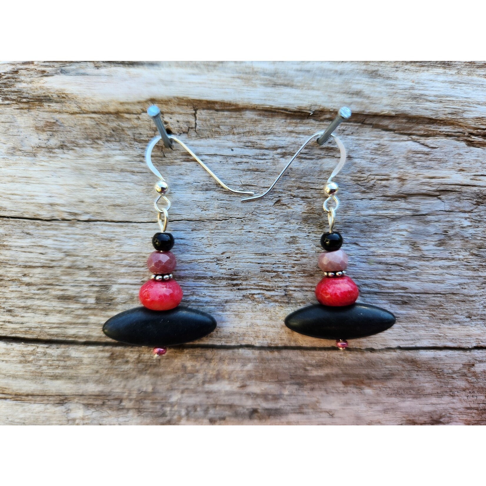 HB Designs  Black-red-pink stone earrings , Sterling Silver ear wires