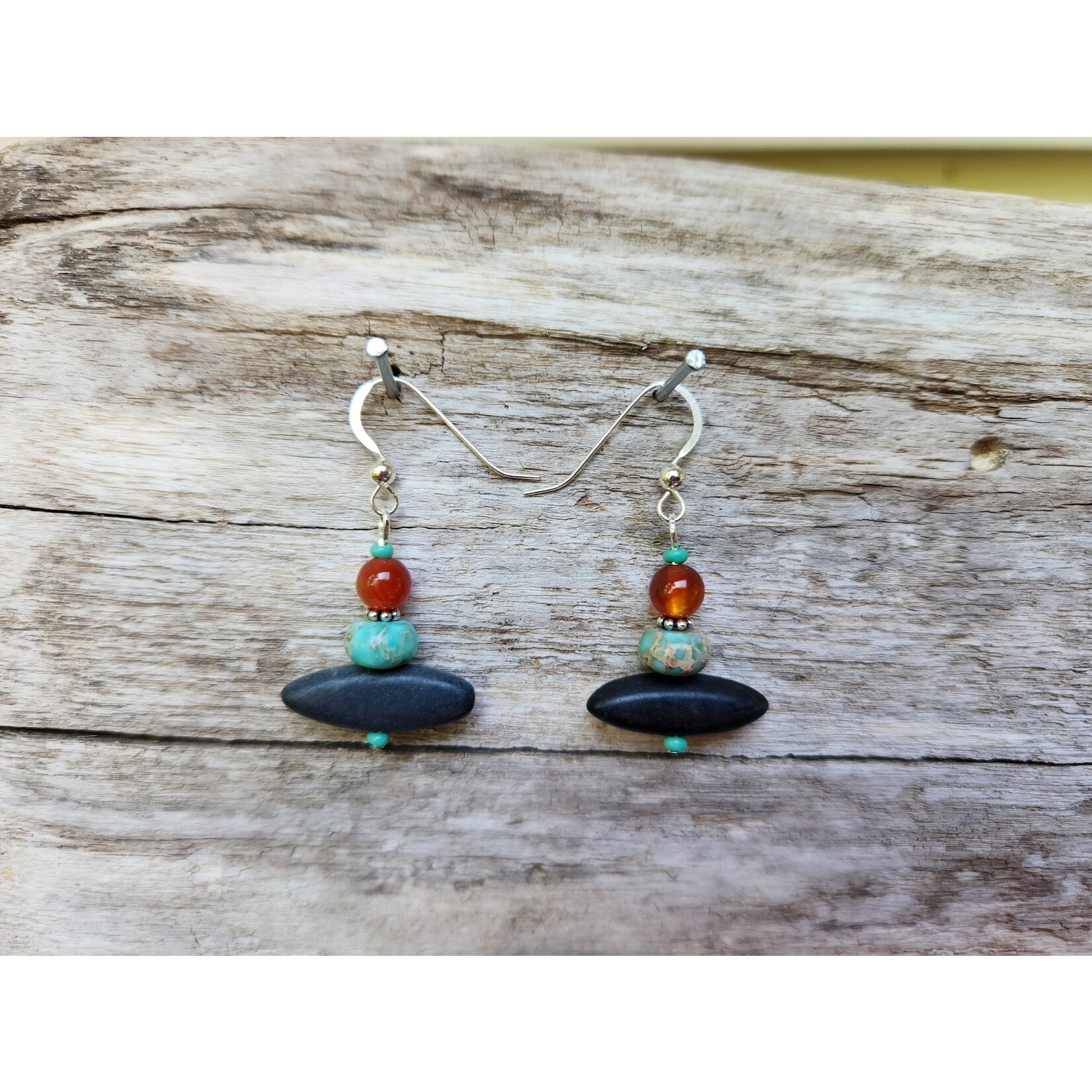 HB Designs Black stone-turq jasper and red earrings, Sterling Silver ear wires