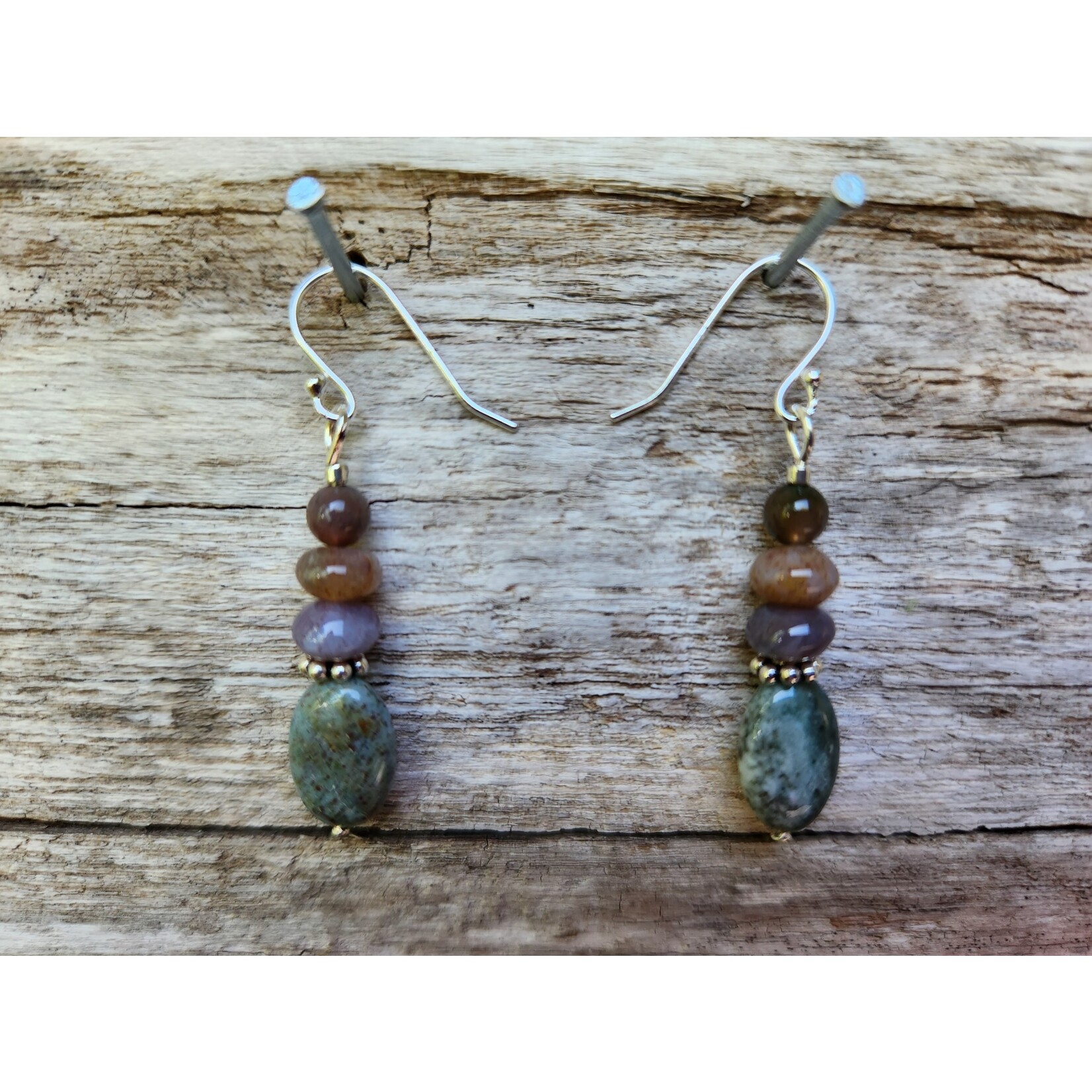 HB Designs Stacked jasper green ovals, sterling silver, Sterling Silver ear wires
