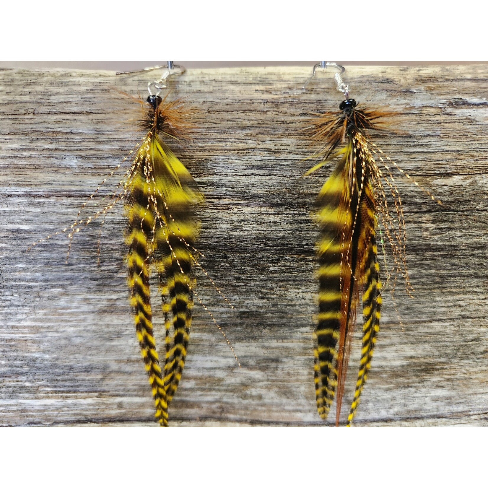 HB Designs Yellow feather earrings 4 inches, Sterling Silver ear wires