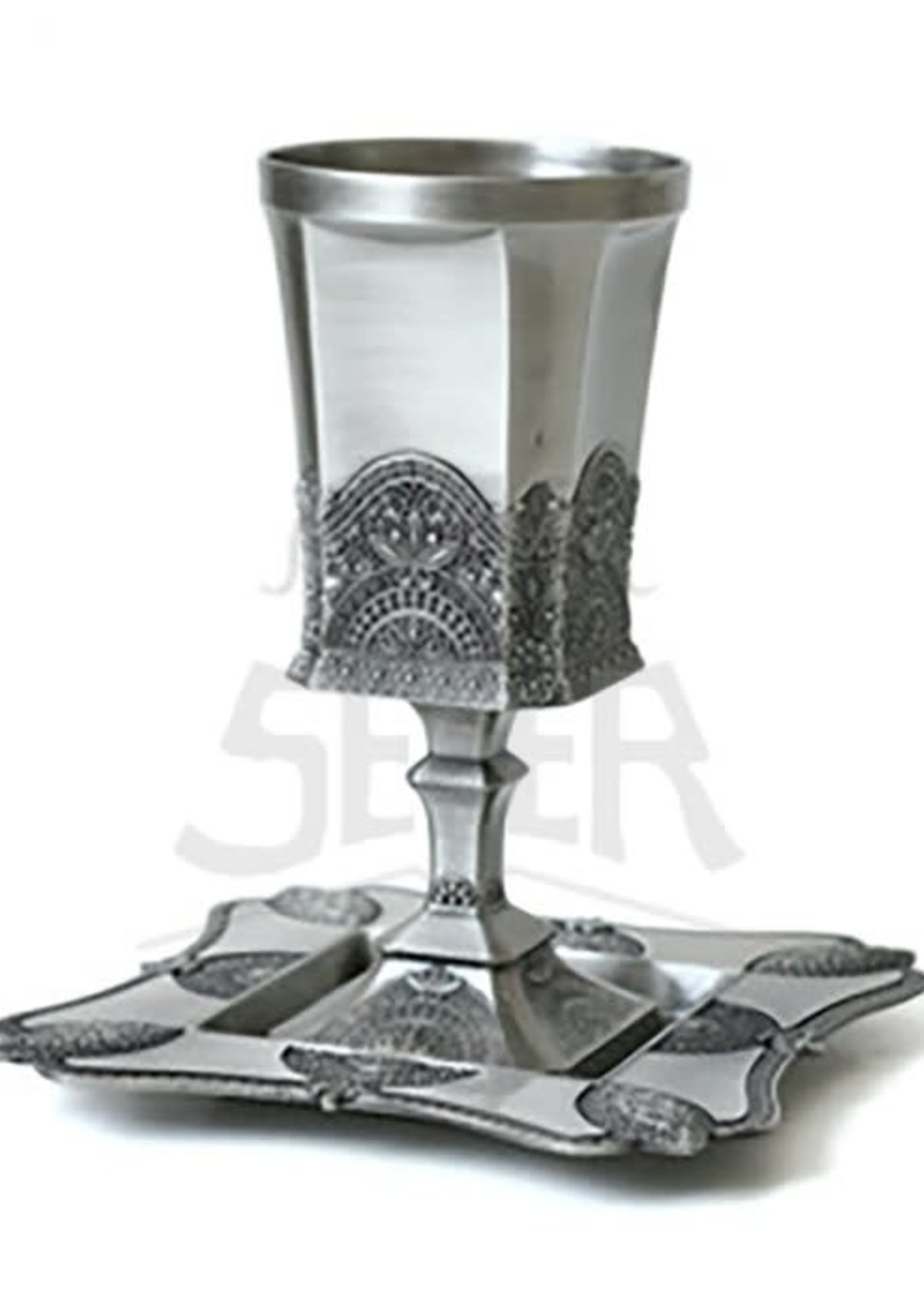 Kiddush Cup with Stem and Matching Tray Silver Plated Filigree Design