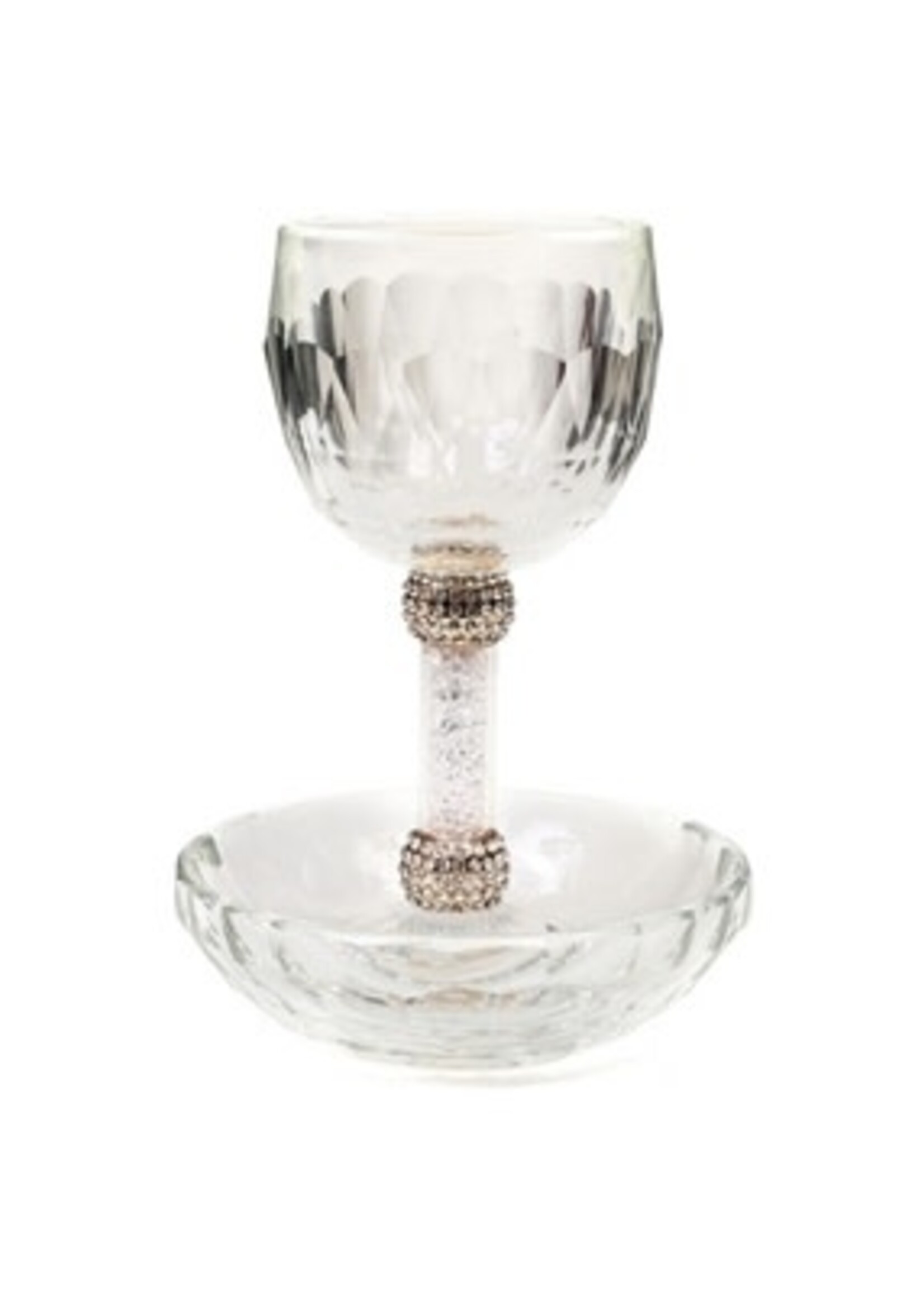 Crystal Kiddush Cup And Saucer With Rose Gold accent and Stones