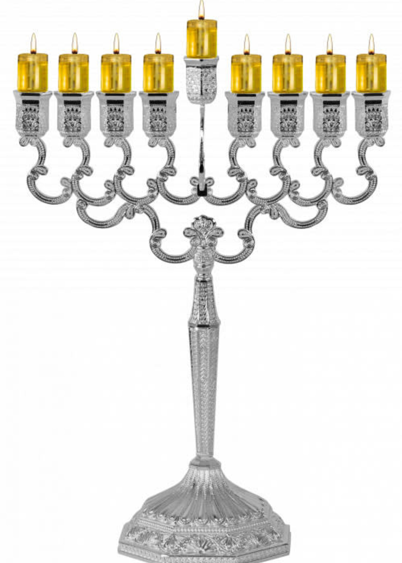 Silver Plated Oil Menorah Filigree Design Medium Size 11.5"