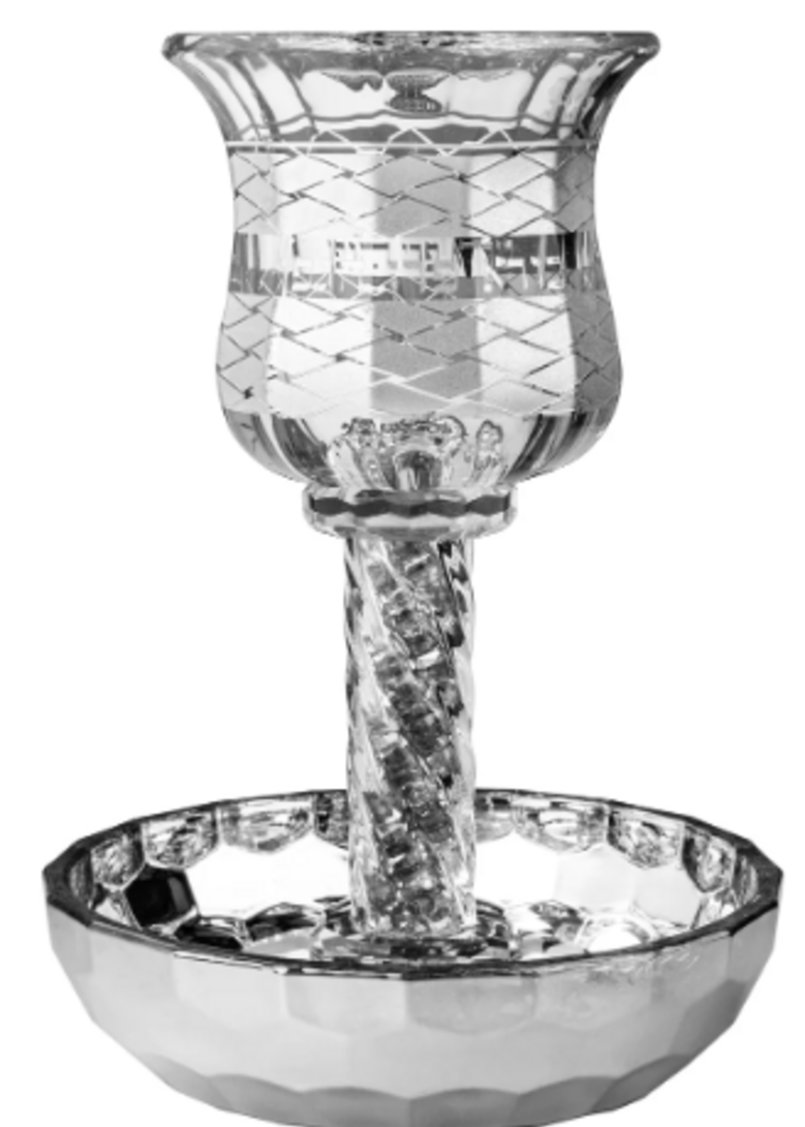 Crystal Kiddush Cup w/ Silver Plate Inside on Stem-Diamond Design