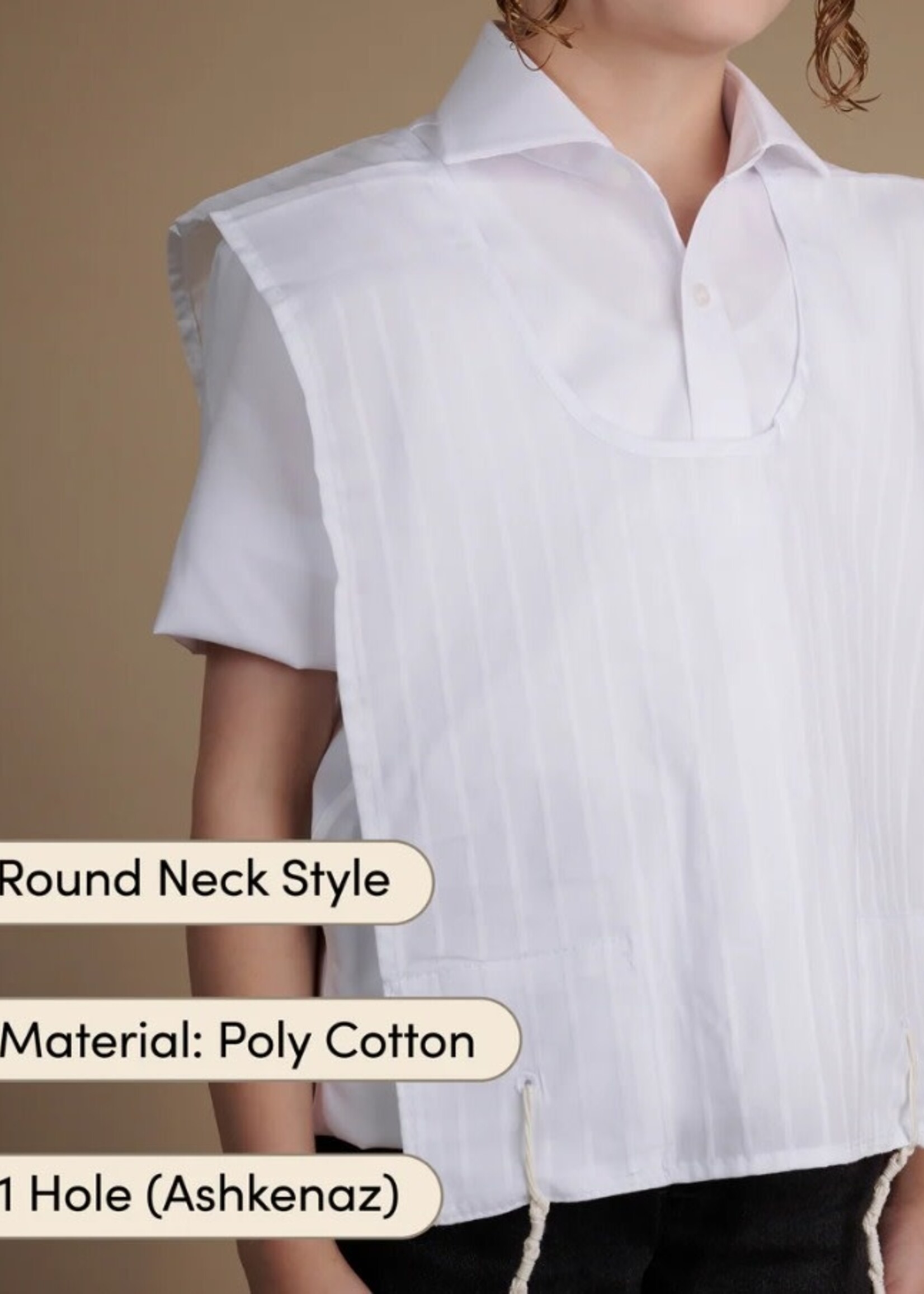 Kids Poly cotton Tzitzis, Round Neck, 1 Hole, Meyuchad Strings #3 (Arba Kanfos 10" x 28")