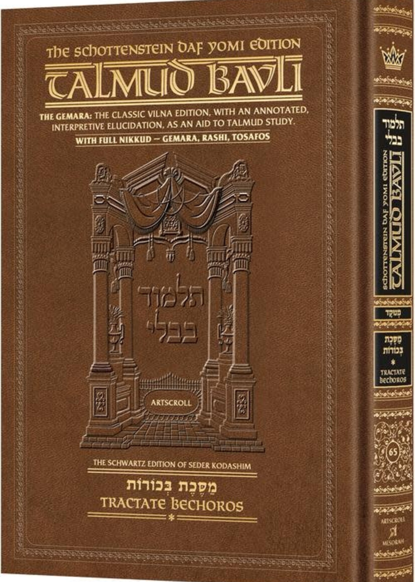 Schottenstein Daf Yomi Ed Talmud English [#65] - Bechoros Vol 1 (2a-31a) with Menukad Tzuras HaDaf (Daf Yomi Size Nikkud) Chapters 1 - 4
