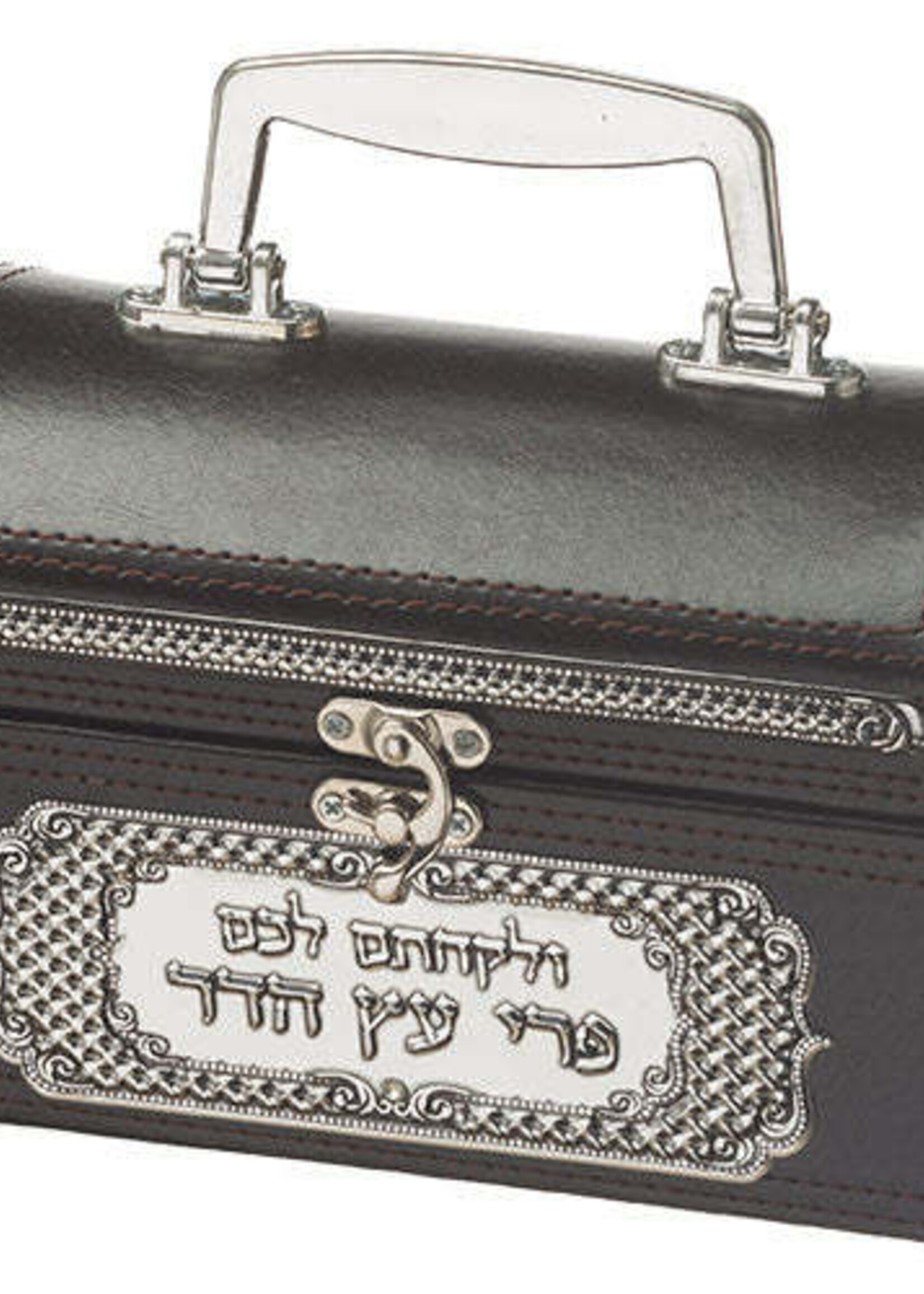 Leather Look Esrog Box with Handle and Plaque