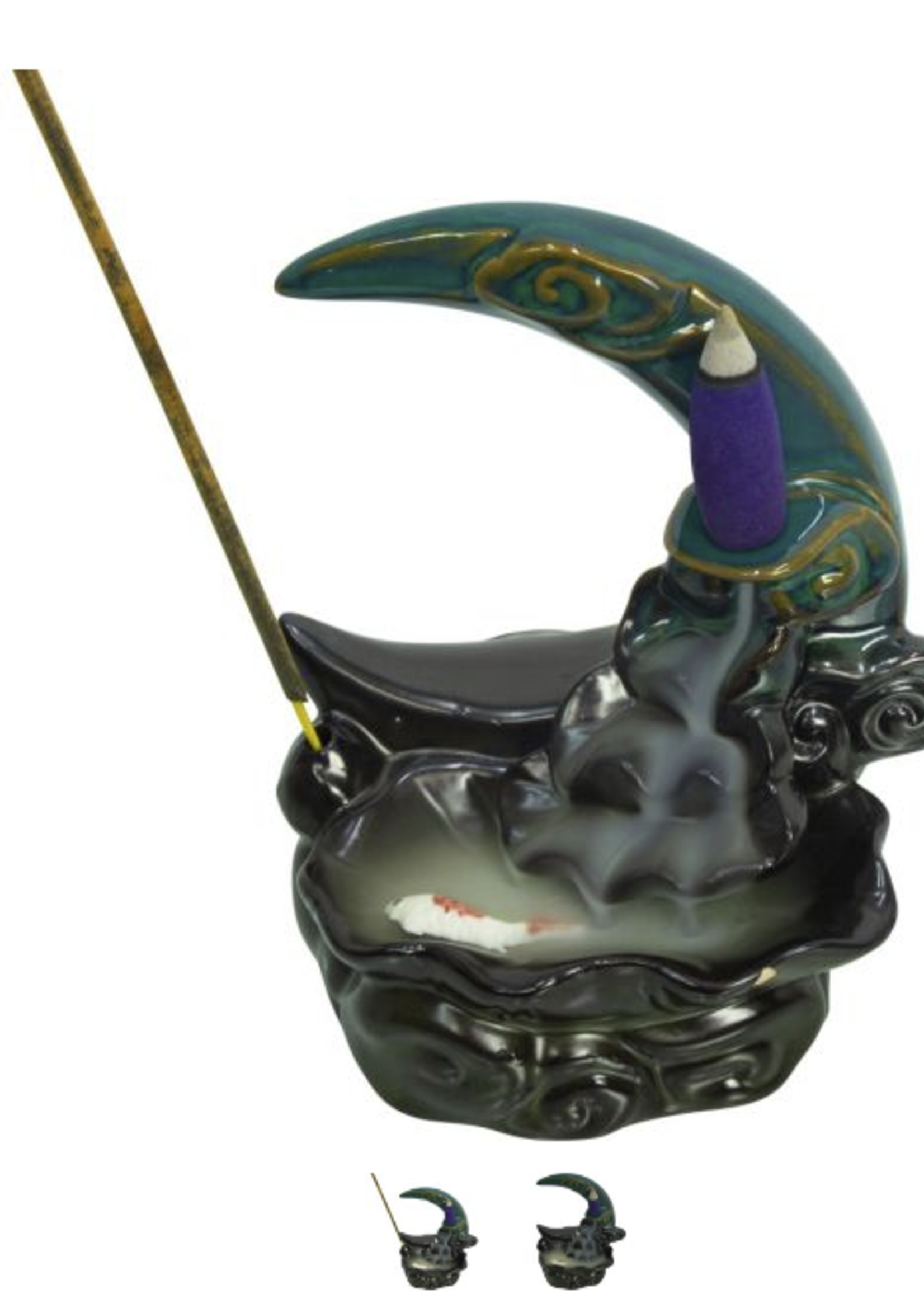 Koi Fish and Moon Ceramic Backflow Burner H5.25" x W4.25"