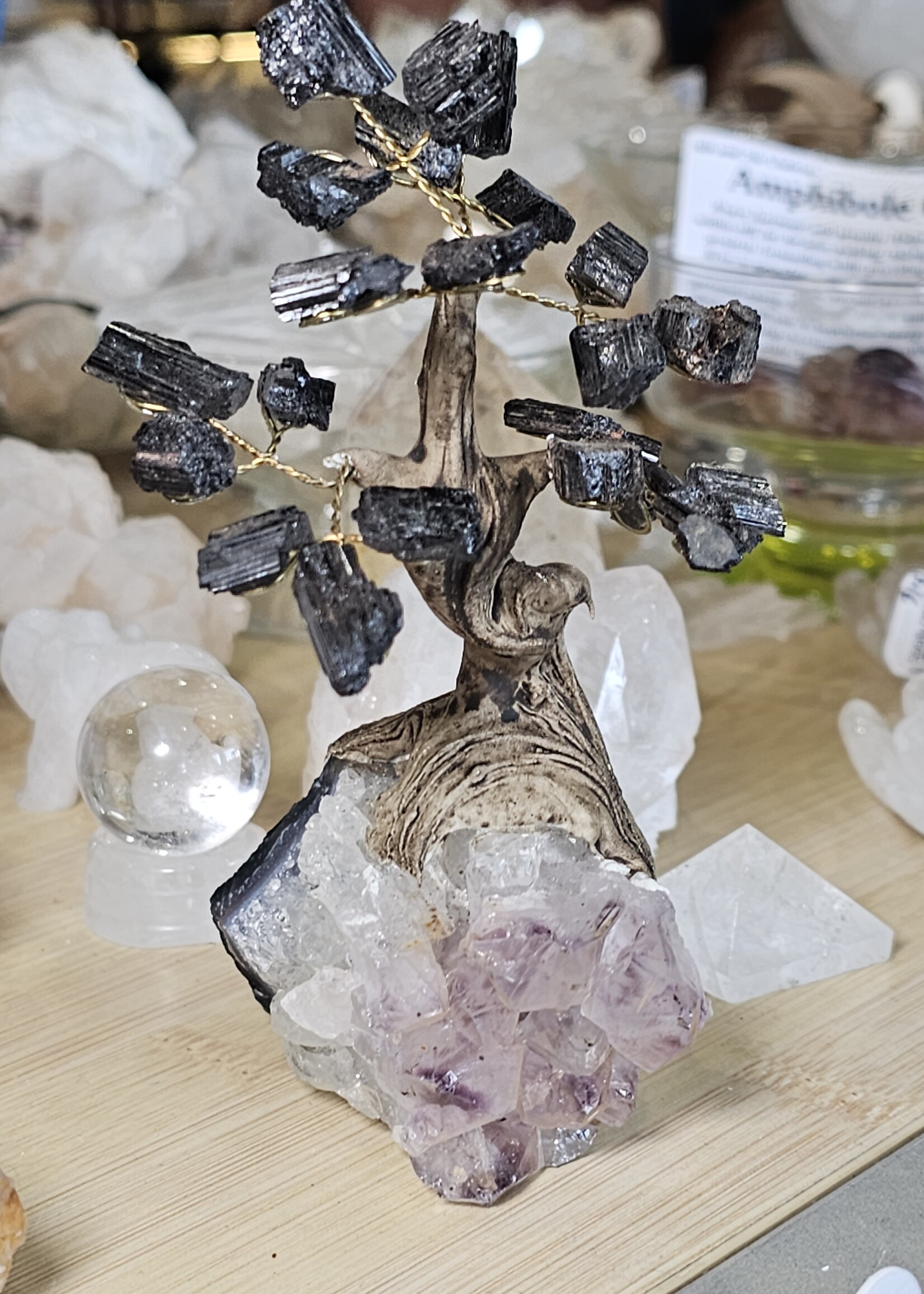 Black Tourmaline Bonsai Tree on Amethyst Base H5"x D1.5"