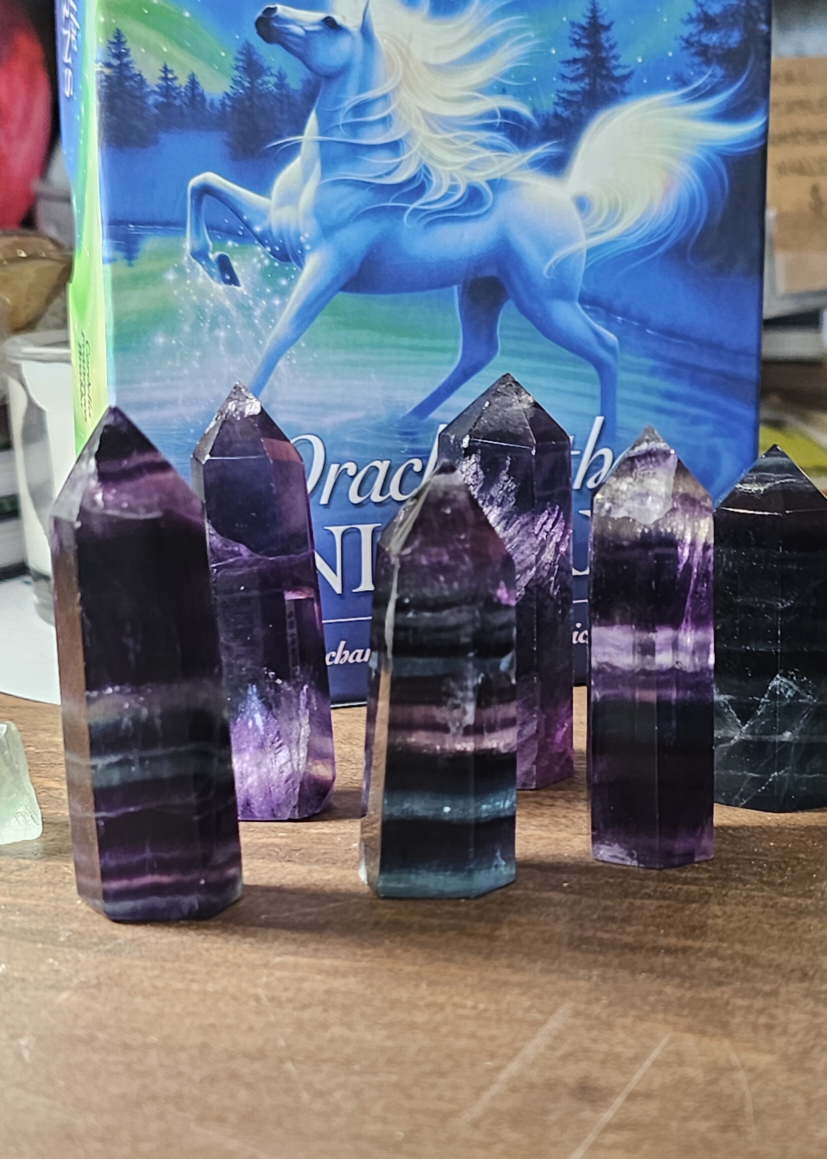 Rainbow Fluorite Tower 6 sided H2.5" x W.75"
