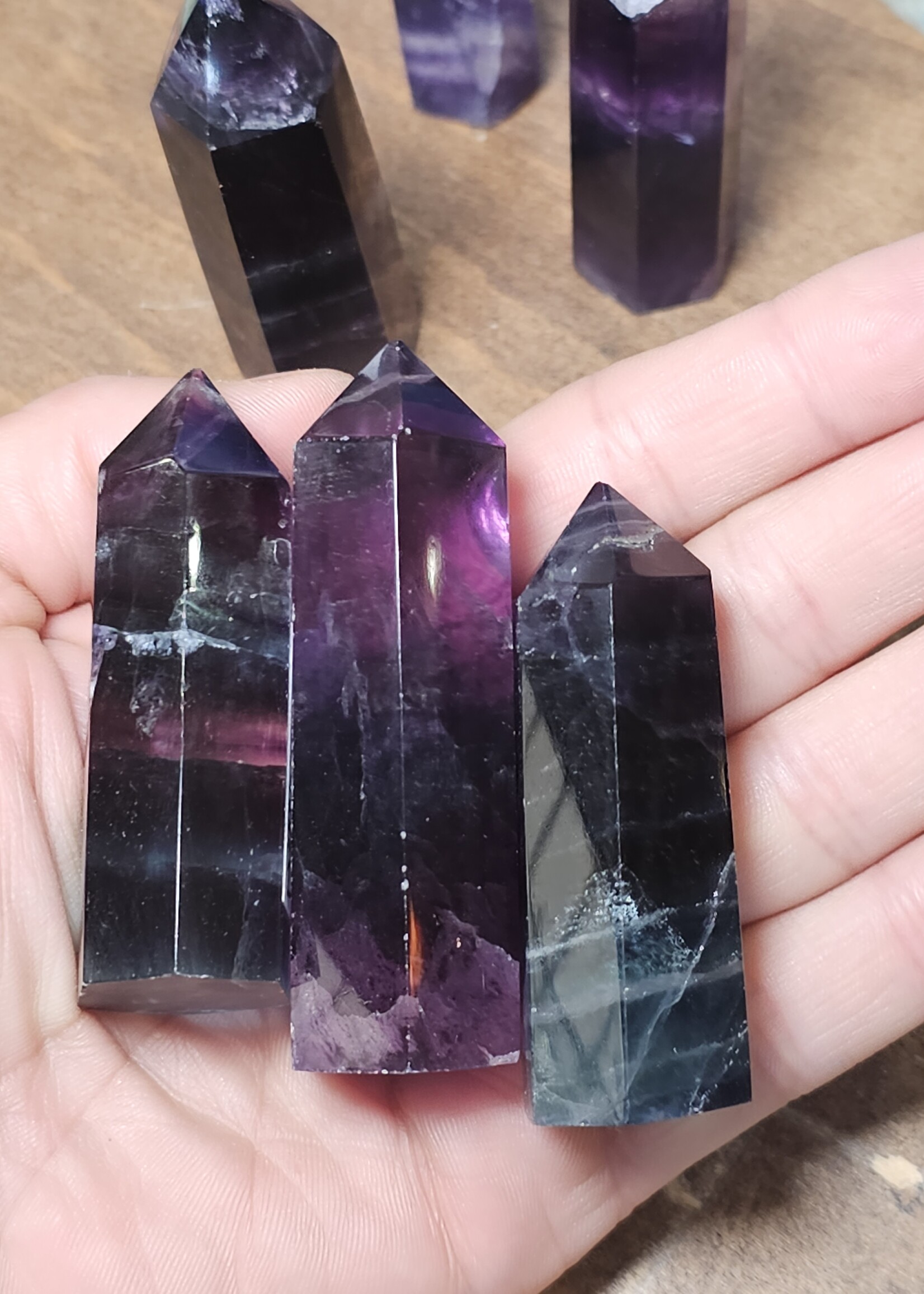 Rainbow Fluorite Tower 6 sided H2.5" x W.75"