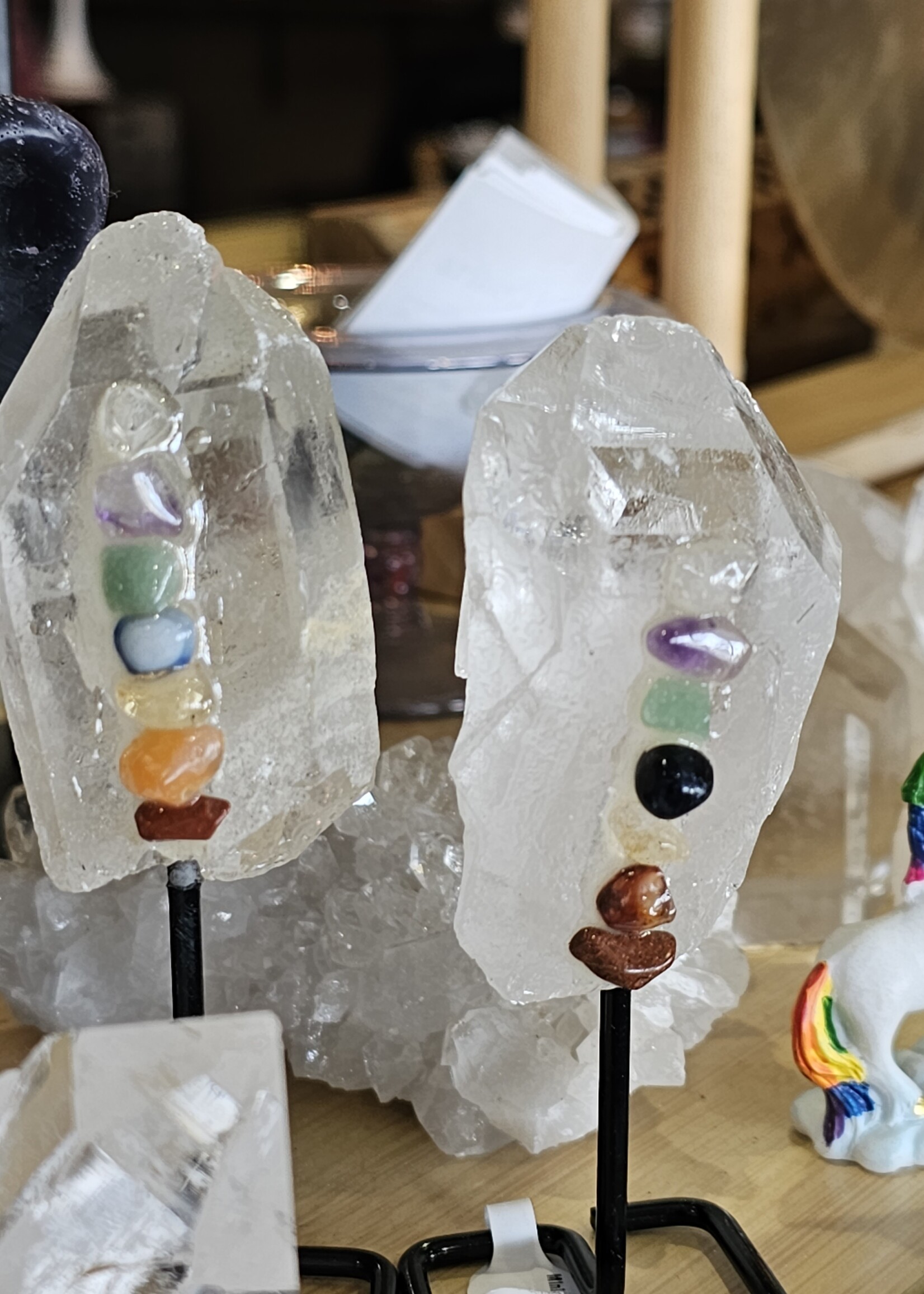 Quartz Point with Chakra Stones on Stand 4.5" x 1.5"