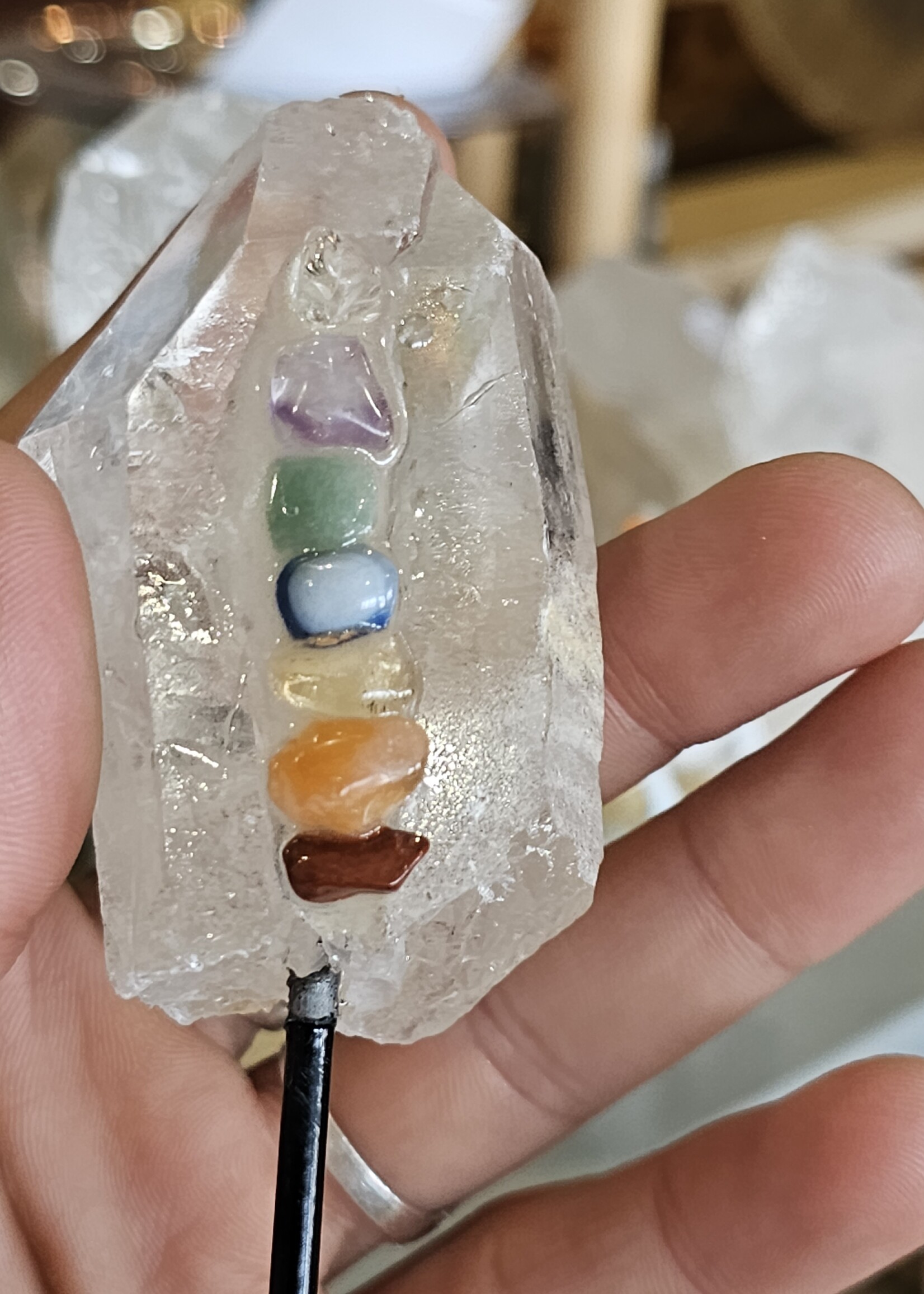 Quartz Point with Chakra Stones on Stand 4.5" x 1.5"