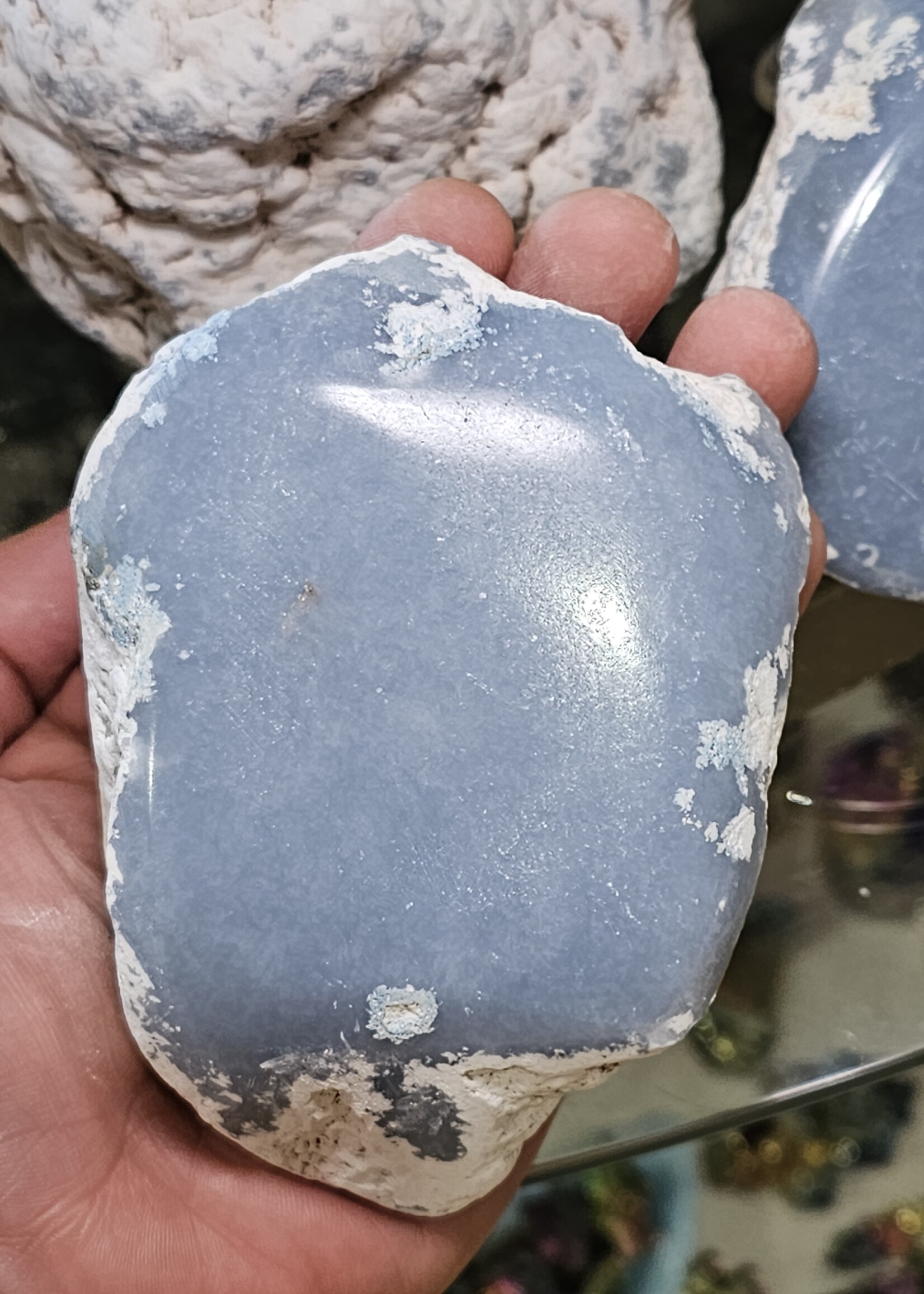 Angelite Half Polished Large Palm Stone 3" x 4"