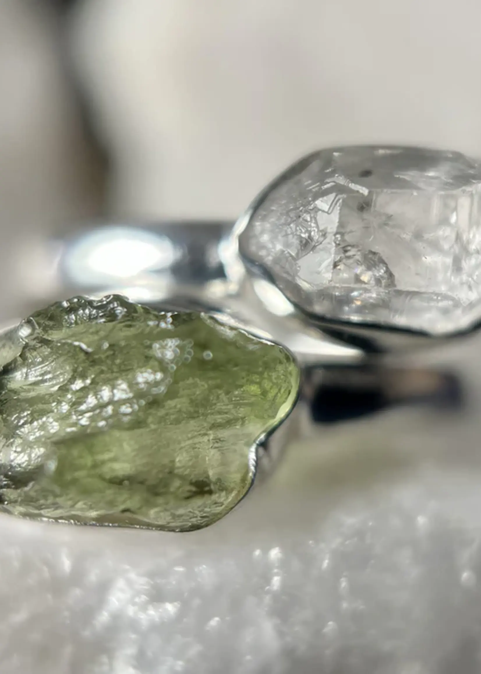 Moldavite & Herkimer Diamond Adjustable Stirling Silver Ring