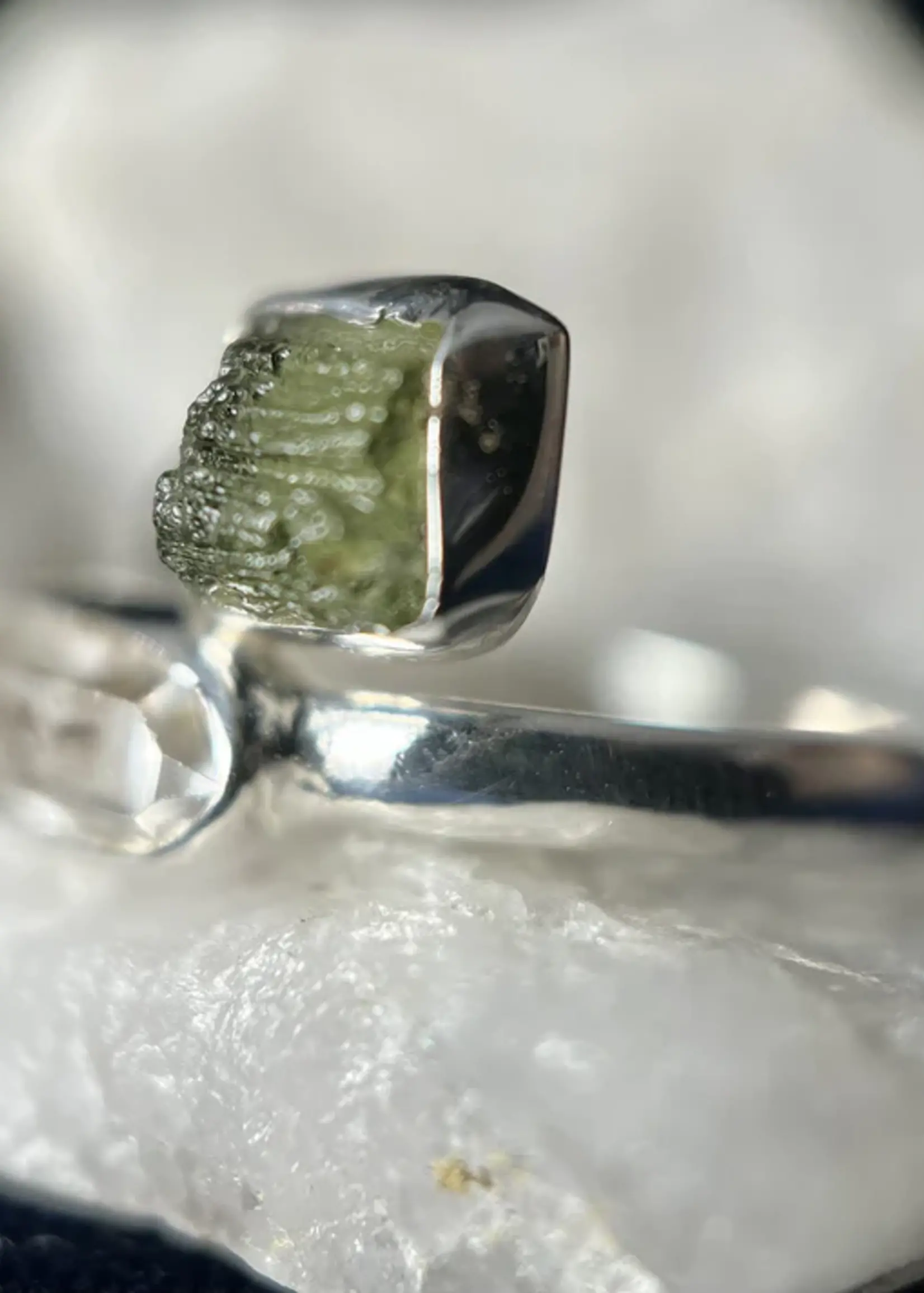 Moldavite & Herkimer Diamond Adjustable Stirling Silver Ring