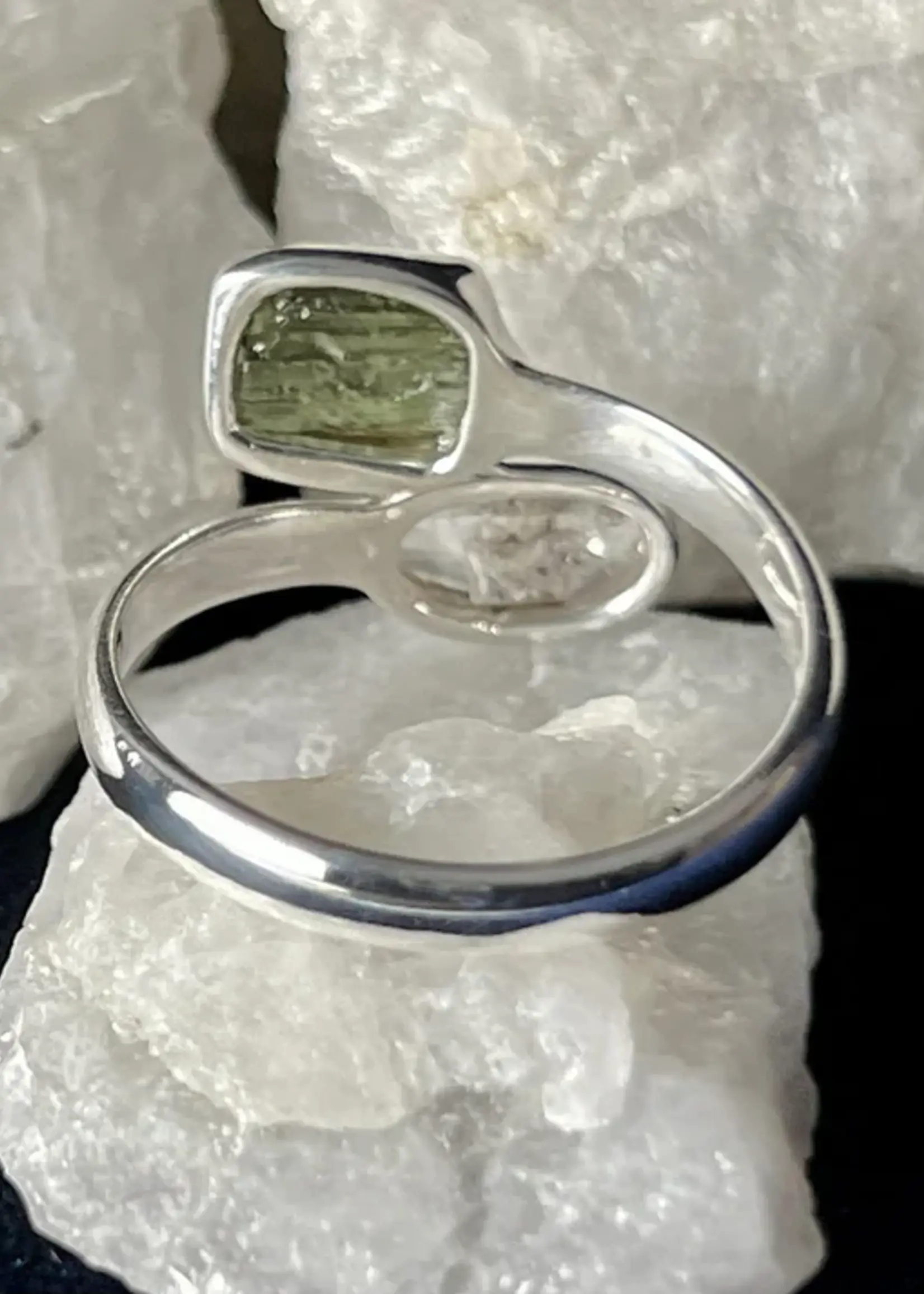 Moldavite & Herkimer Diamond Adjustable Stirling Silver Ring