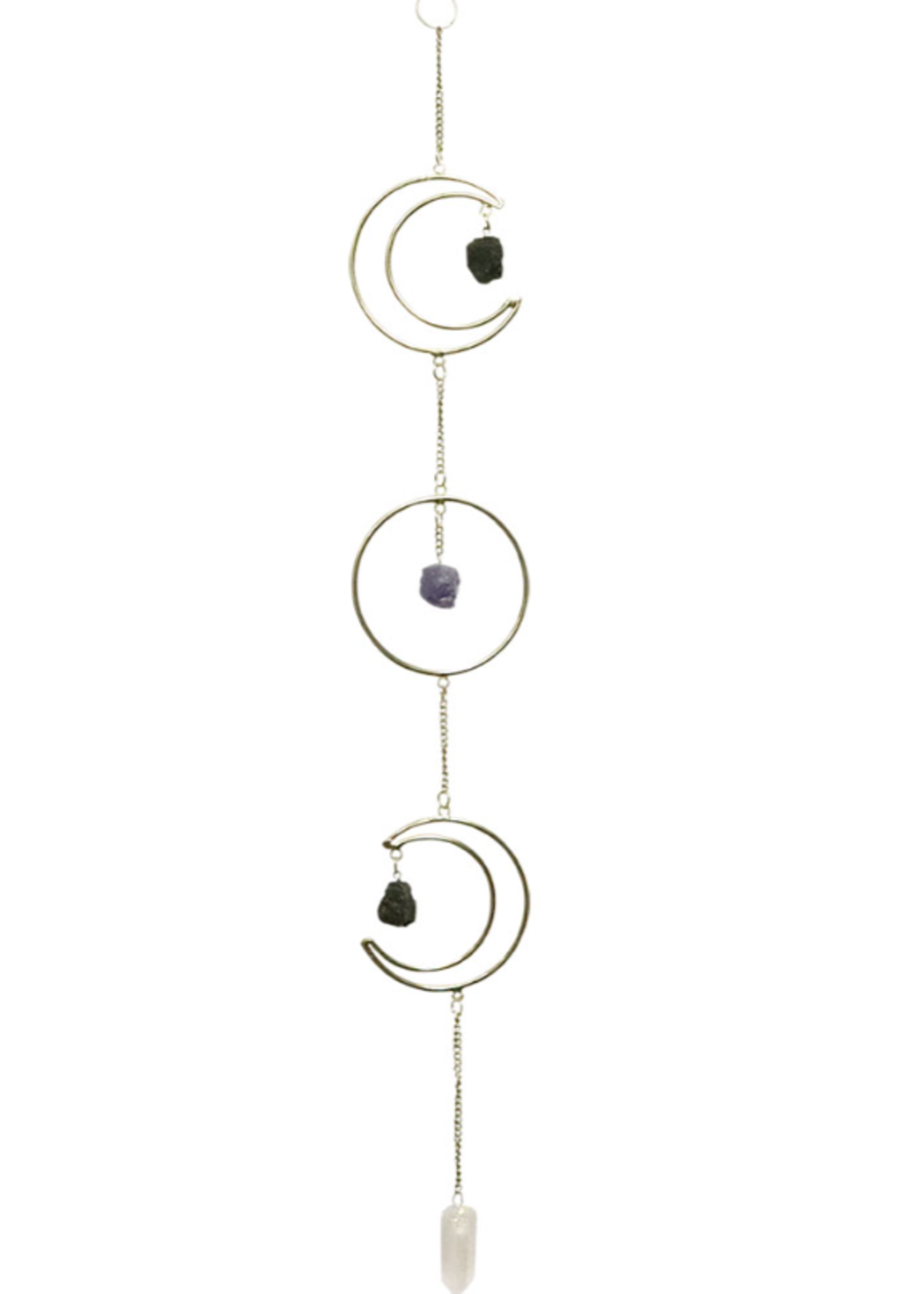 Triple Moon w/Natural Crystals Metal Wall Hang (Quartz, Amethyst, Tourmaline)