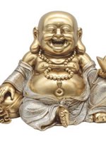 Laughing Buddha of Prosperity: Gold & Silver Seated Fortune Bringer 11" H x 8"W