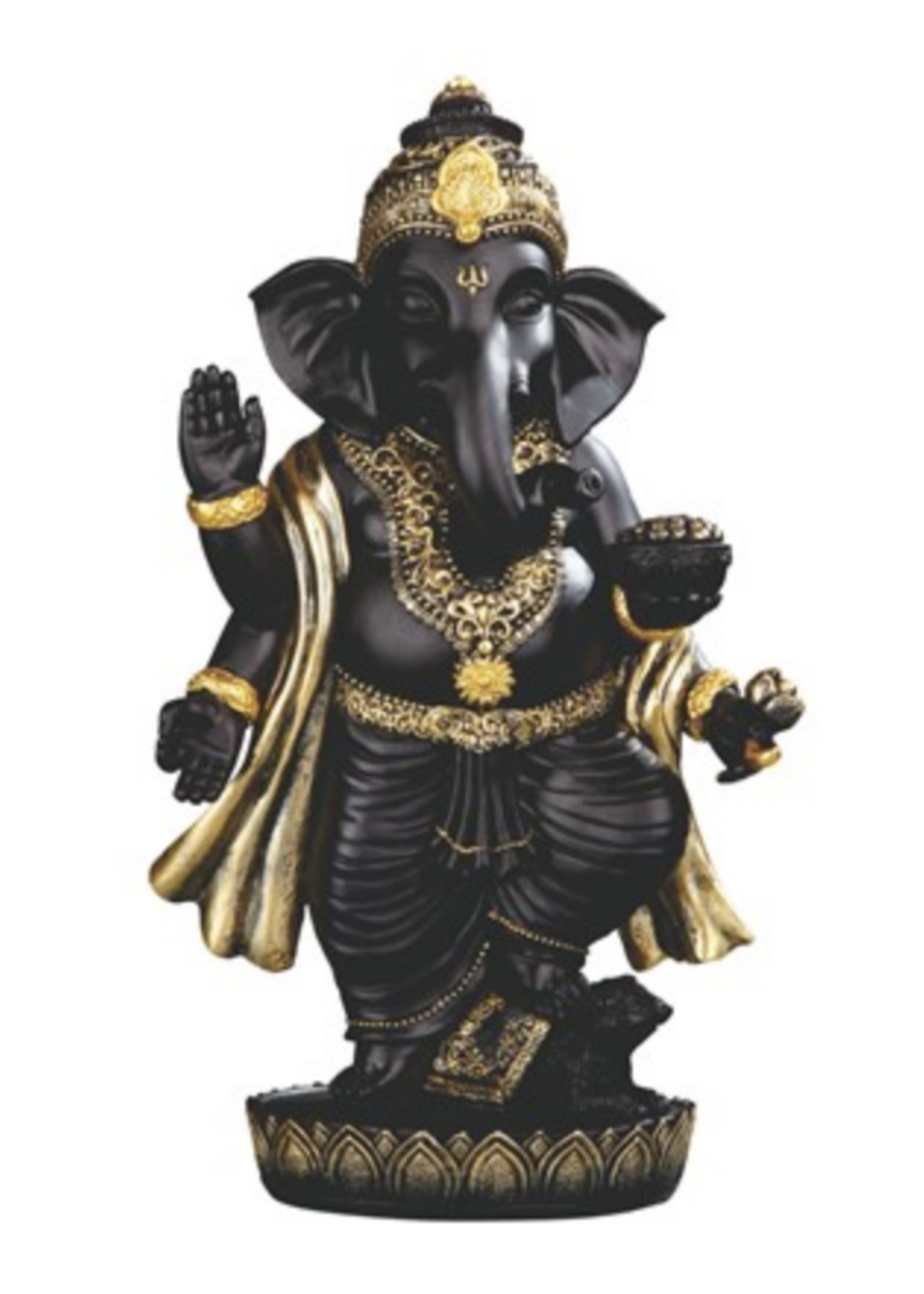 Standing Black Ganesha: Lotus, Offering Bowl & Gyan Mudra with Rat Companion 10"Hx6"Wx3"D