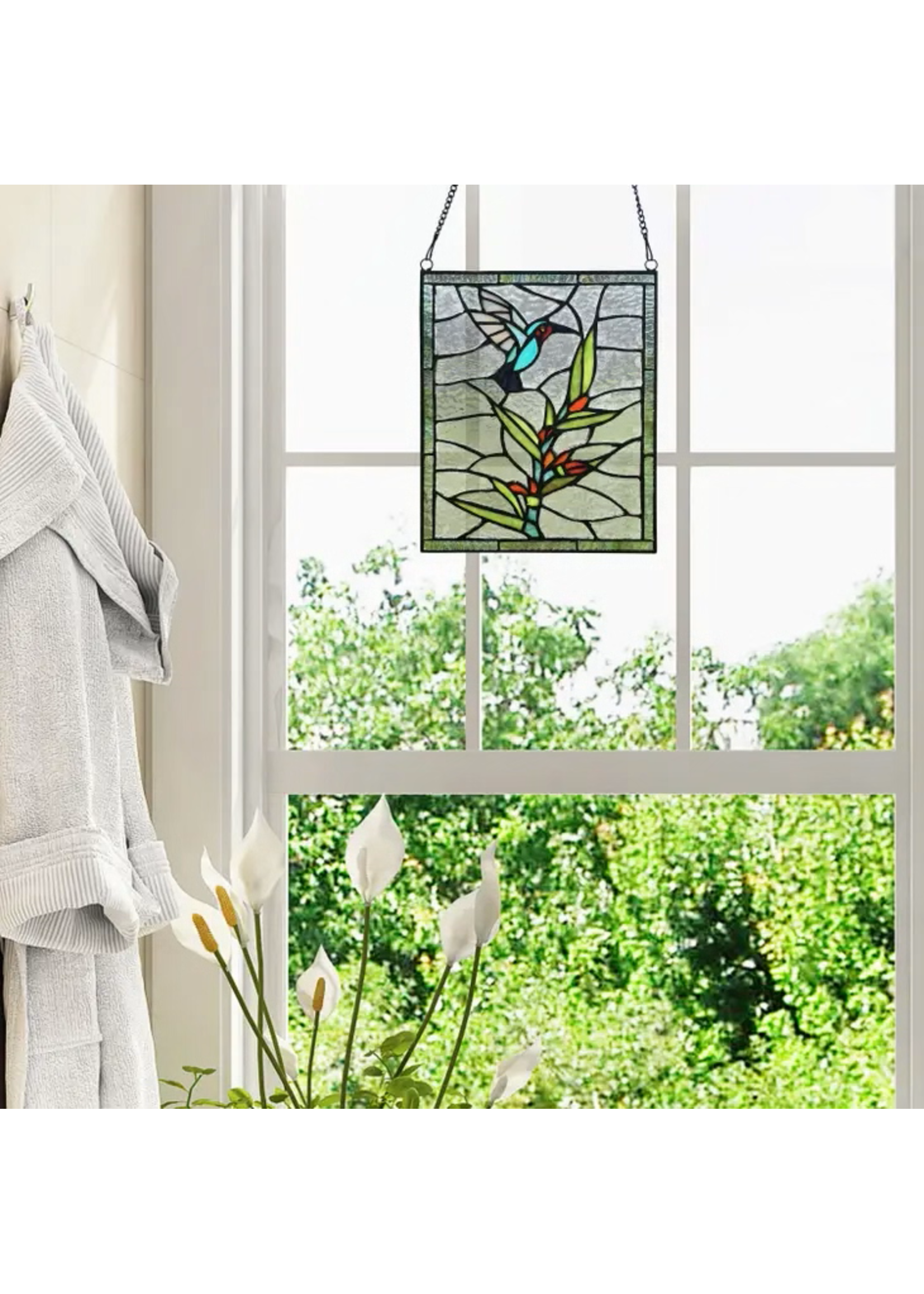 10" Happy Hummingbird Stained Glass Window Panel