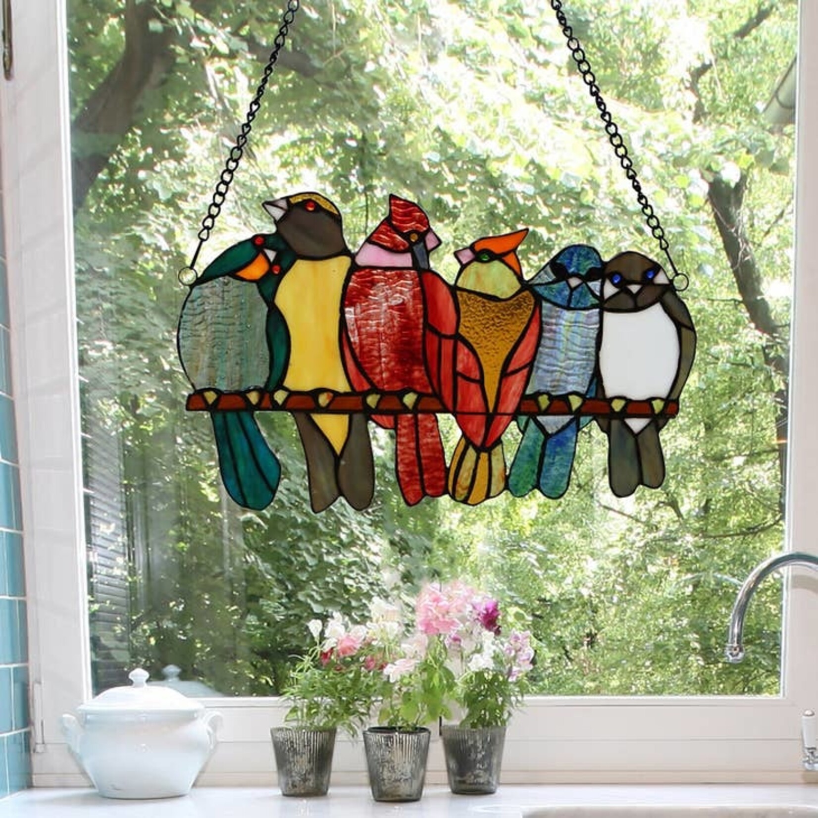 9.5" Emelia Birds Stained Glass Window Panel