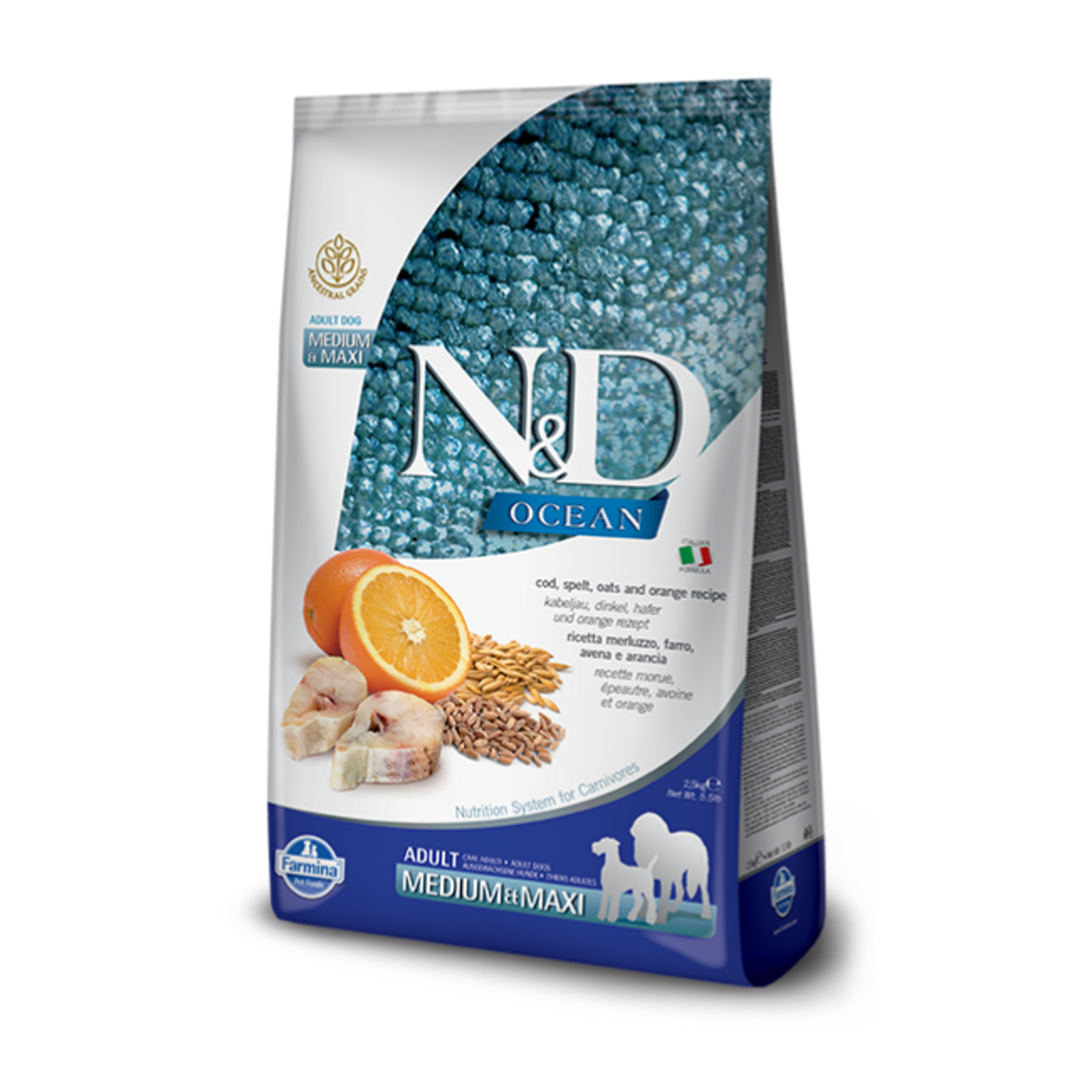 Farmina Farmina N&D Dog Ocean Cod, Spelt, Oats & Orange Med/Maxi 26.4#