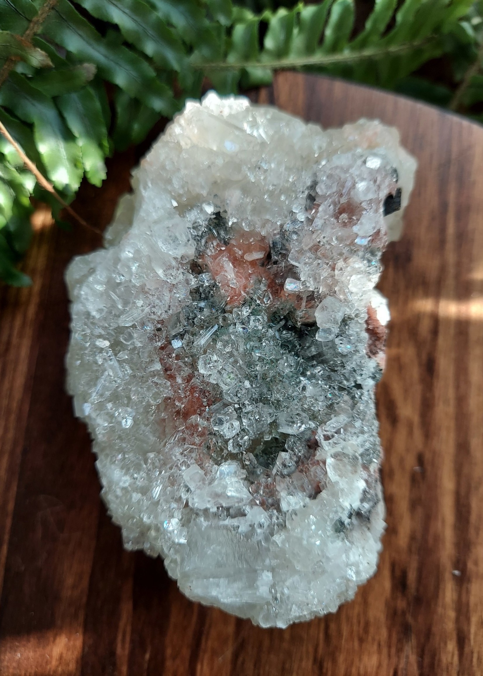 Natural Standing Peach Stillbite On White Apophyllite Cluster Grown On Calcite