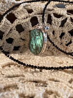 Raw Labradorite Pendant on Faceted Black Tourmaline Bead Necklace