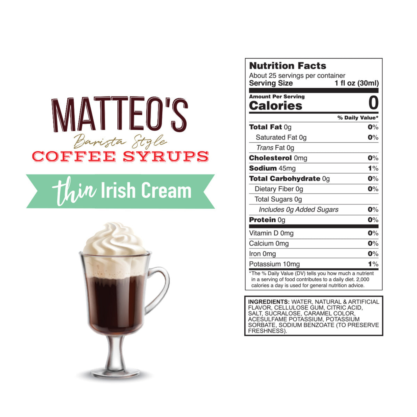 MATTEO'S Sugar Free Coffee Syrup, Irish Cream