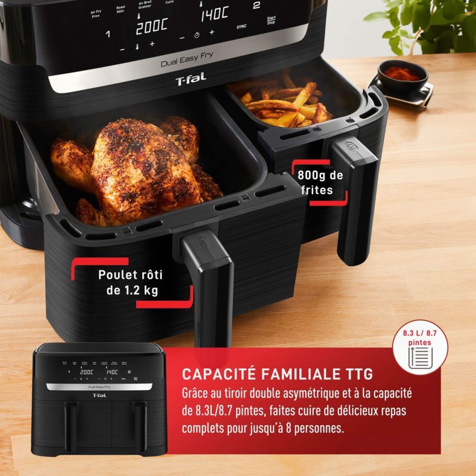 T-FAL Friteuse à air chaud à deux tiroirs, 8,3 L