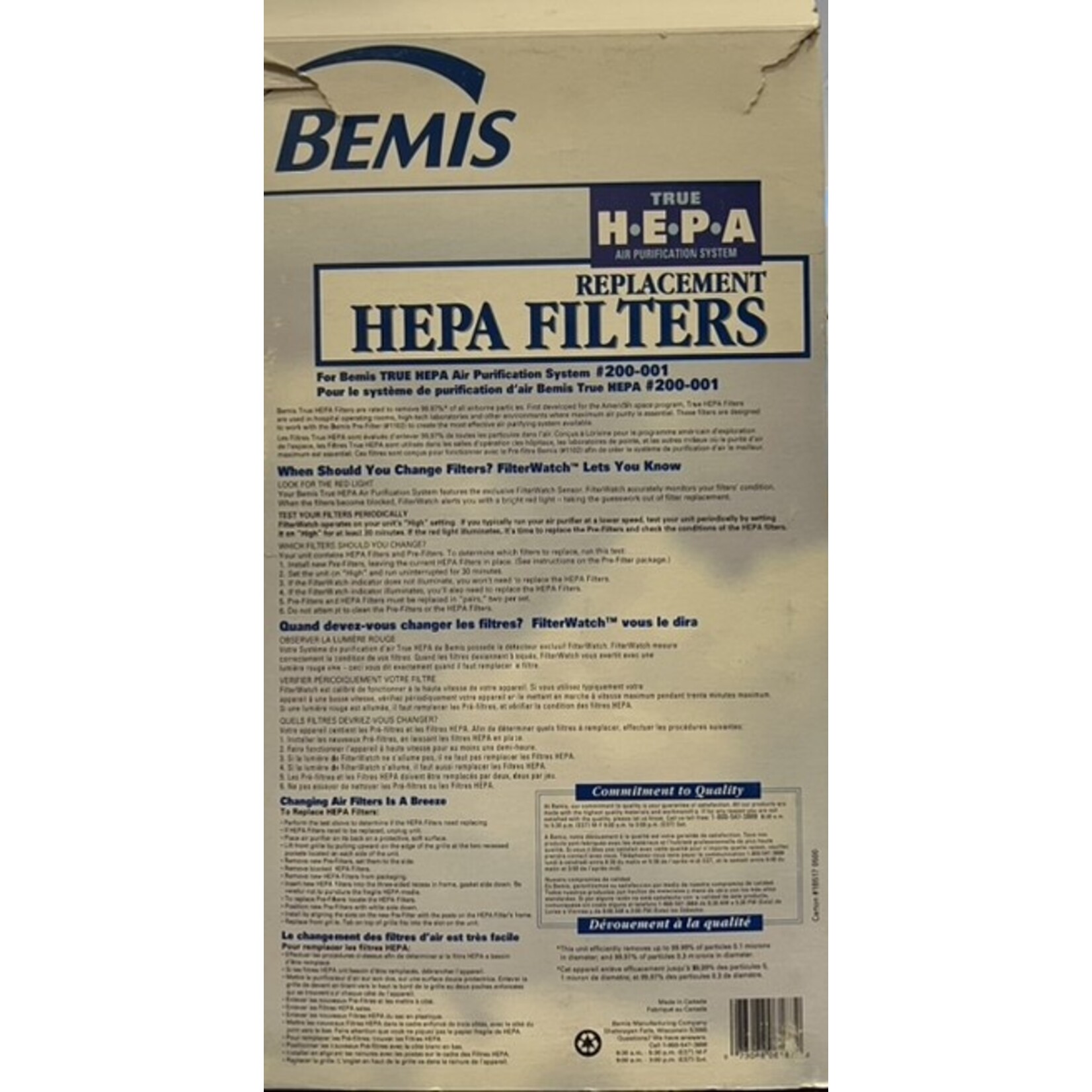 BEMIS Filtres (2) Hepa pour purificateur d'air #200-001