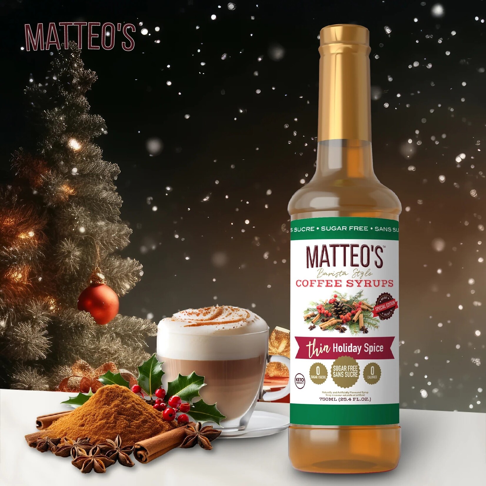 MATTEO'S Sugar Free Coffee Syrup, Holiday Spice 750ml