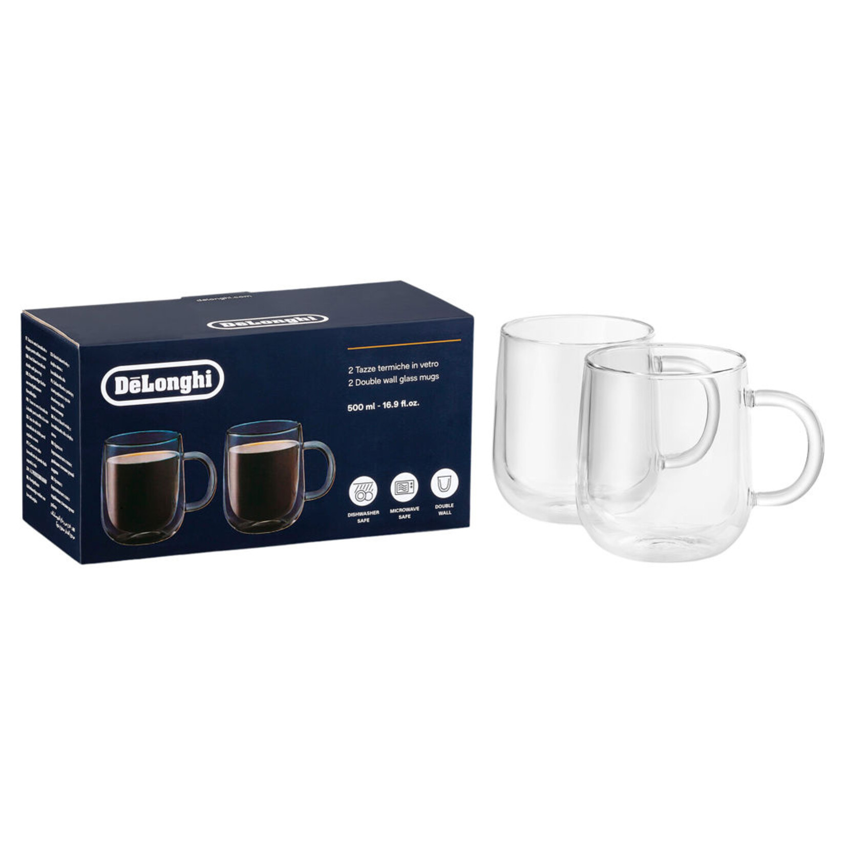 DELONGHI Double Wall Glass Mugs 500ml (Set of 2)