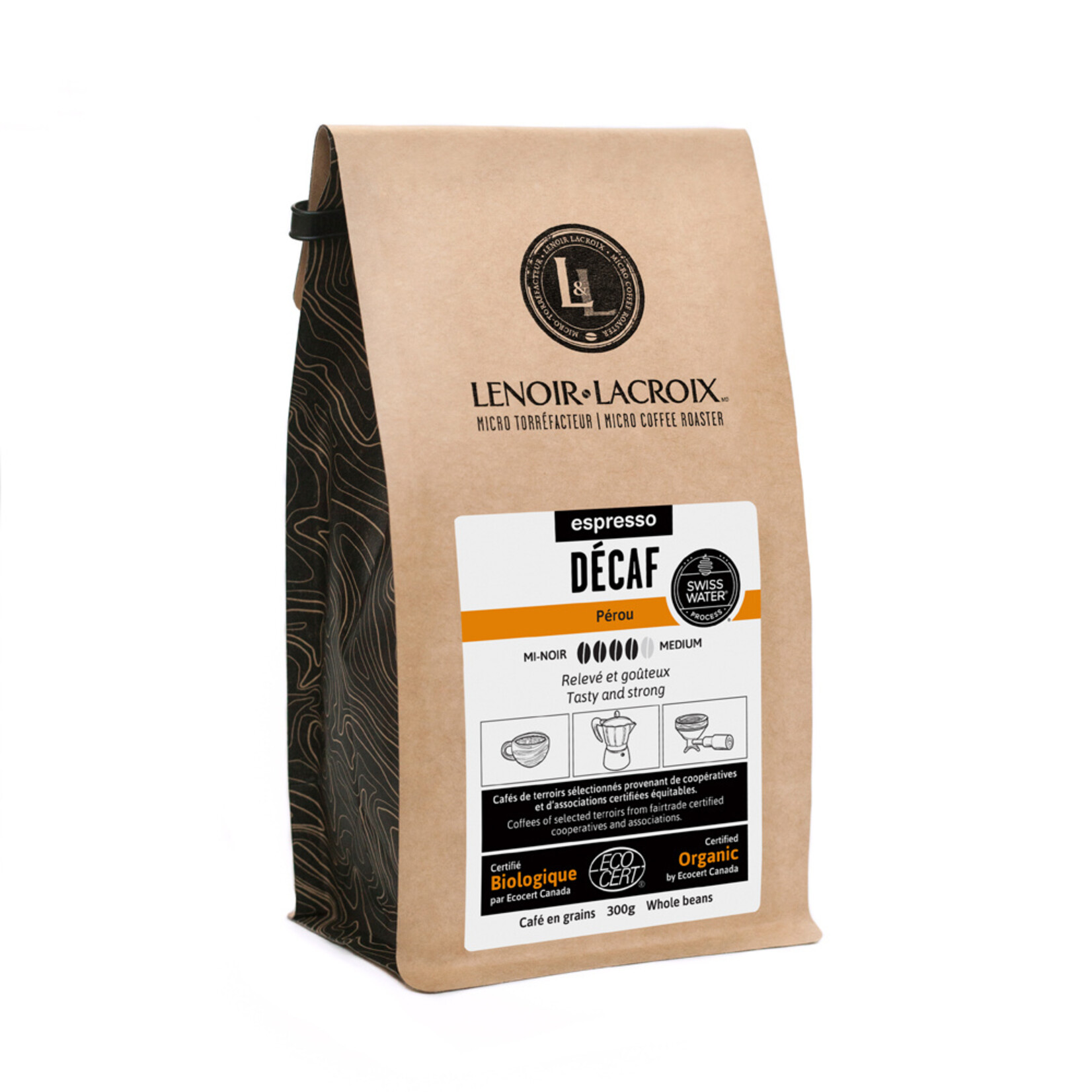 LENOIR&LACROIX Café  Espresso Pérou Décaféiné à l'eau suisse bio-équitable 300g