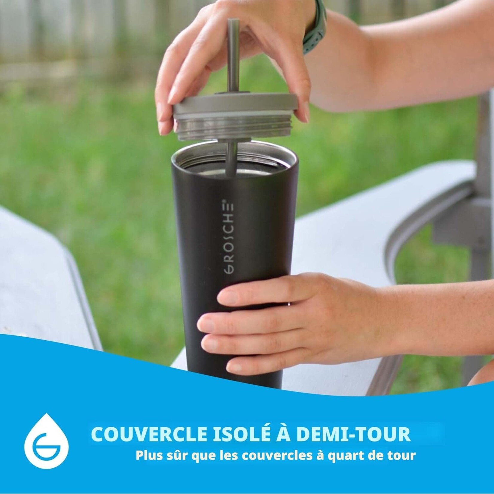 GROSCHE Gobelet isotherme inox avec paille, crème
