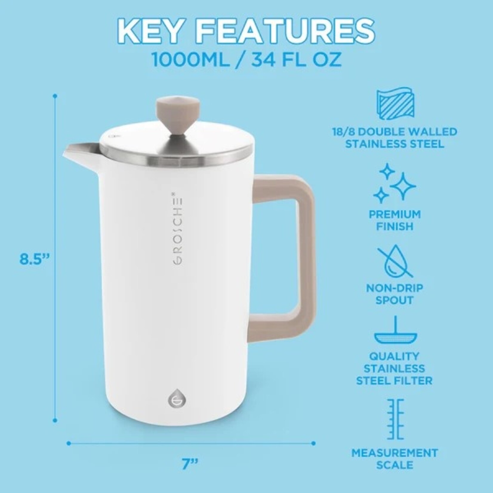 GROSCHE Cafetière french press isolée 1L, blanche
