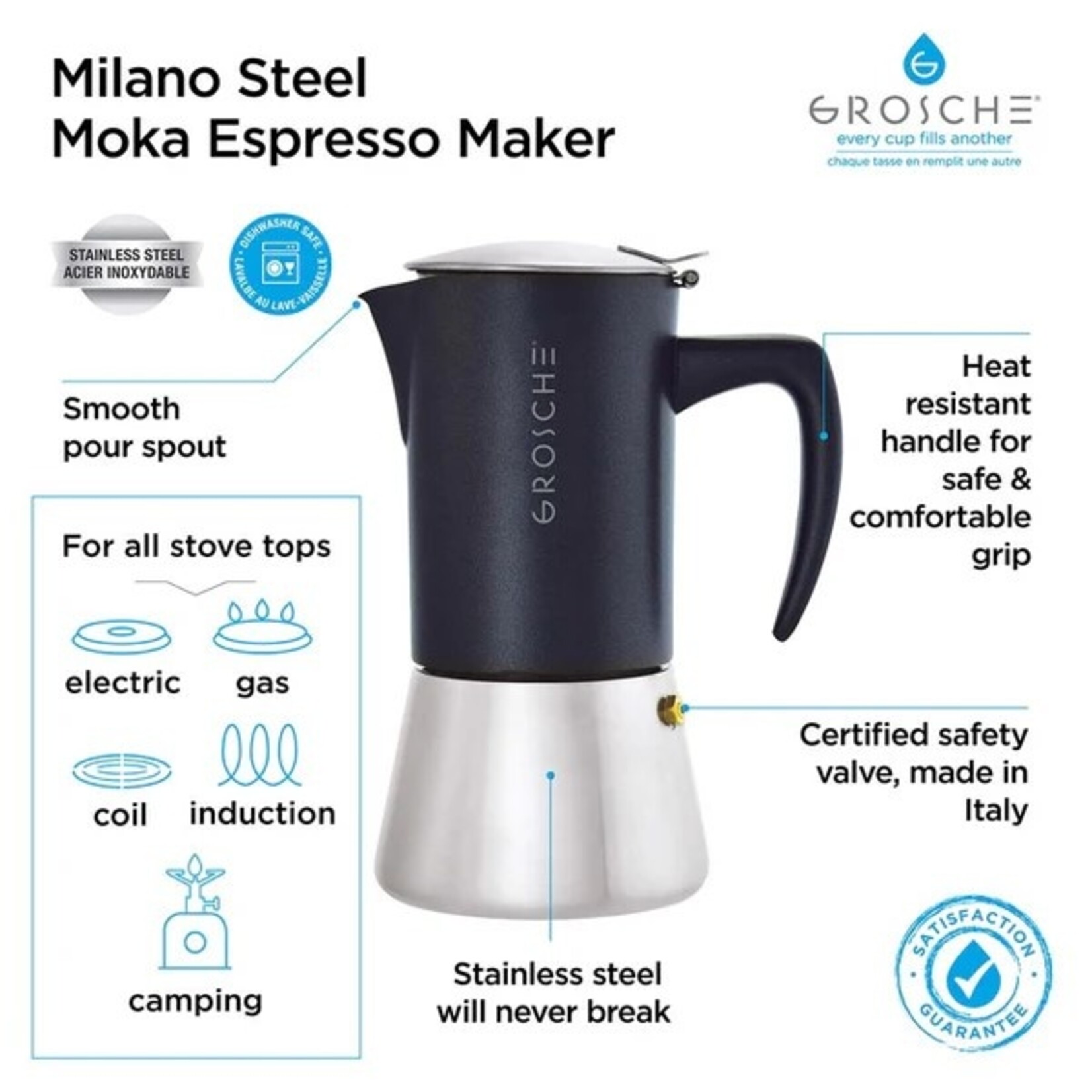 GROSCHE Cafetière italienne Milano Steel, 10t