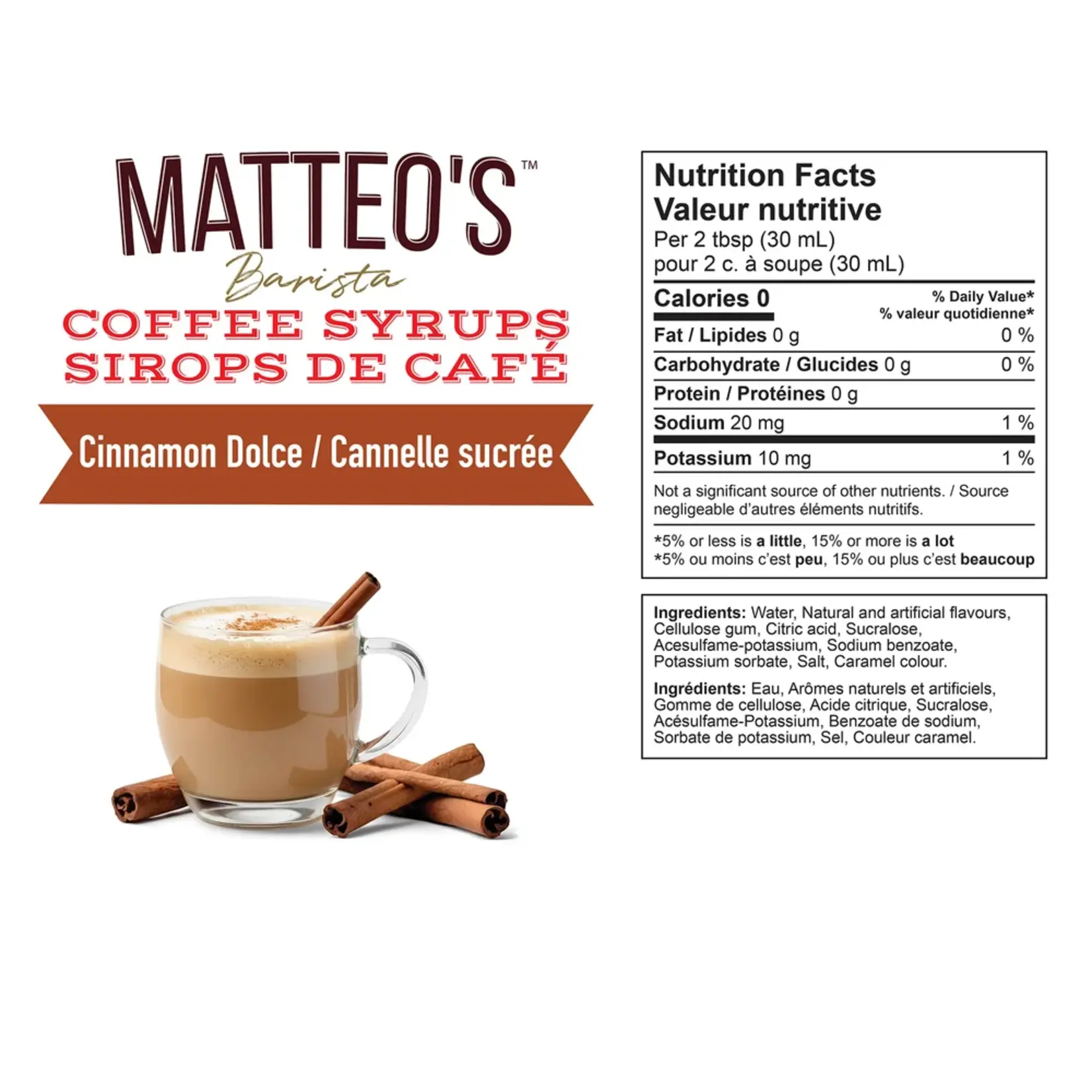 MATTEO'S Sugar Free Coffee Syrup, Cinnamon Dolce 750ml