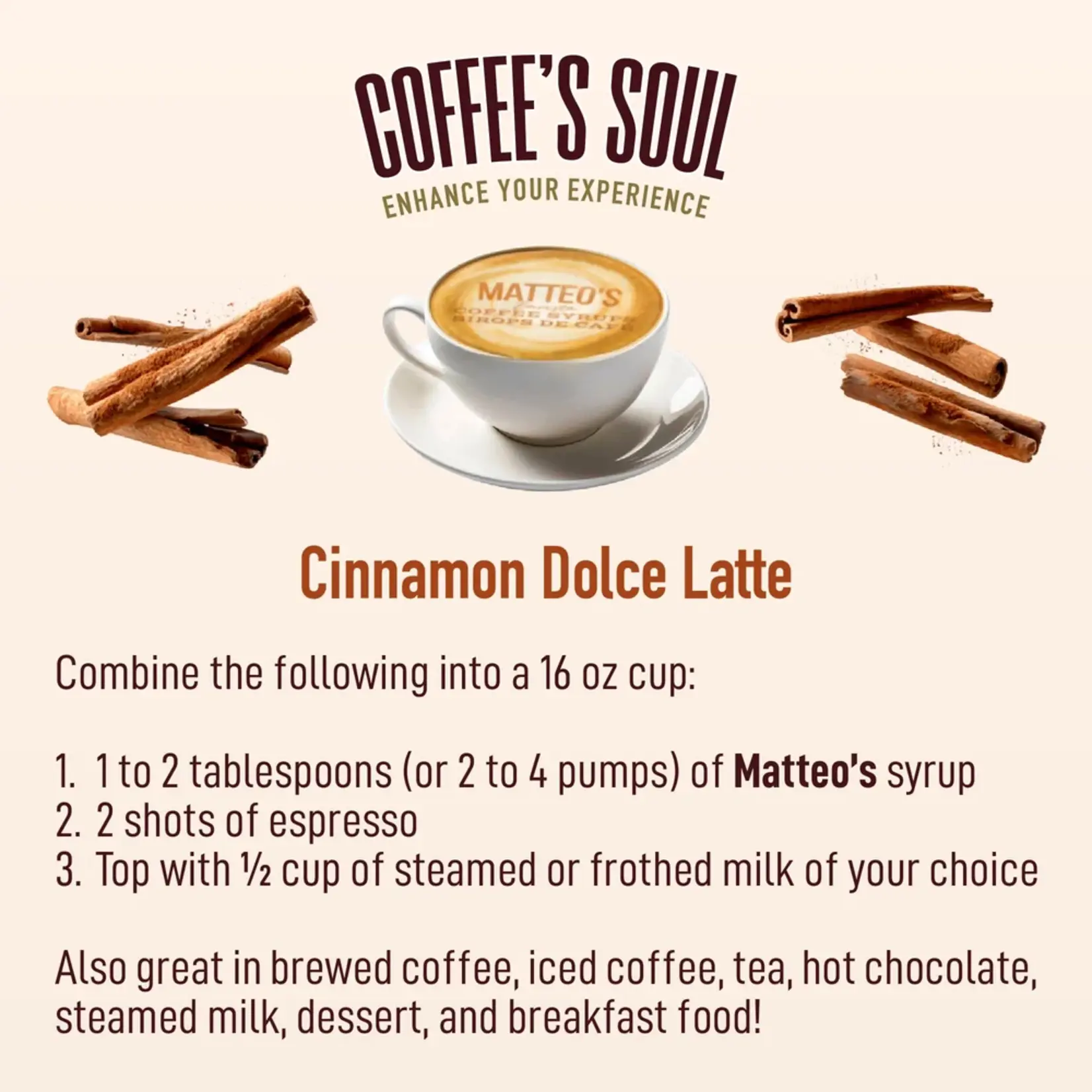 MATTEO'S Sirop à café cannelle sucrée 750ml