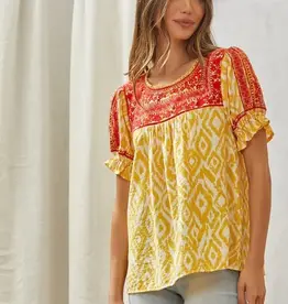 Savanna Jane Savanna Jane Aztec Printed Blouse with Tonal Embroidery