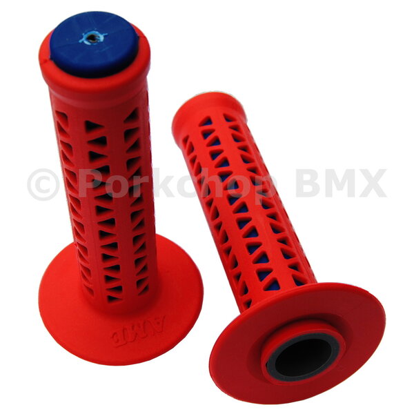 A'ME ***BLEMISH*** AME old school BMX Unitron bicycle grips - RED over BLUE ***BLEMISH***