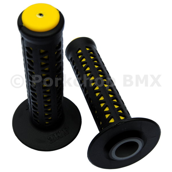 A'ME ***BLEMISH*** AME old school BMX Unitron bicycle grips - BLACK over YELLOW ***BLEMISH***