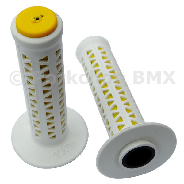 A'ME ***BLEMISH*** AME old school BMX Unitron bicycle grips - WHITE over YELLOW ***BLEMISH***