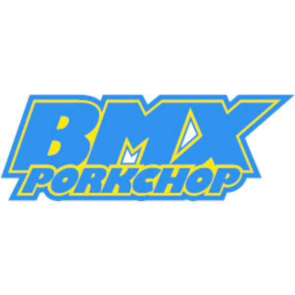Porkchop BMX Porkchop BMX "ACTION" decal sticker 4" x 1 1/2" on BLUE & YELLOW on CLEAR