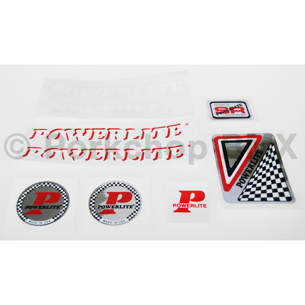 Powerlite 1978-83 Powerlite  old school BMX bicycle decal SET - RED SHADOW FRAME / WHITE SOLID FORK (officially licensed)