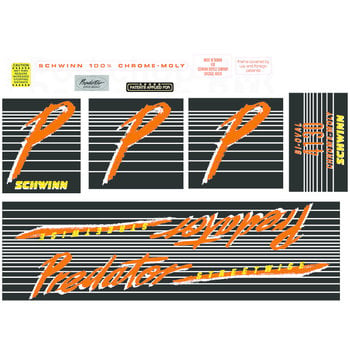 Schwinn 1985-86 Schwinn Predator STREETWISE complete decal set (for BLACK CHROME frames)